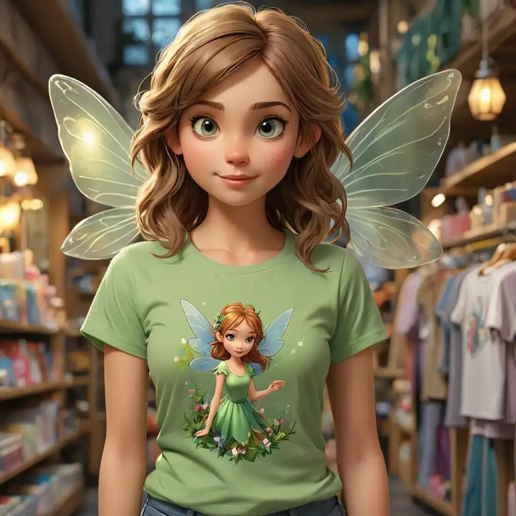 A beautiful Fairy, wearing a T-shirt with a fairy on it- A T-shirt store in the background