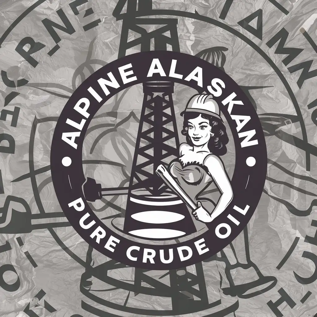 a logo design,with the text "Alpine AlaskanPure Cude Oil", main symbol:stylized oil well with pinup girl wearing a hardhat and holding a sledge hammer,complex,clear background