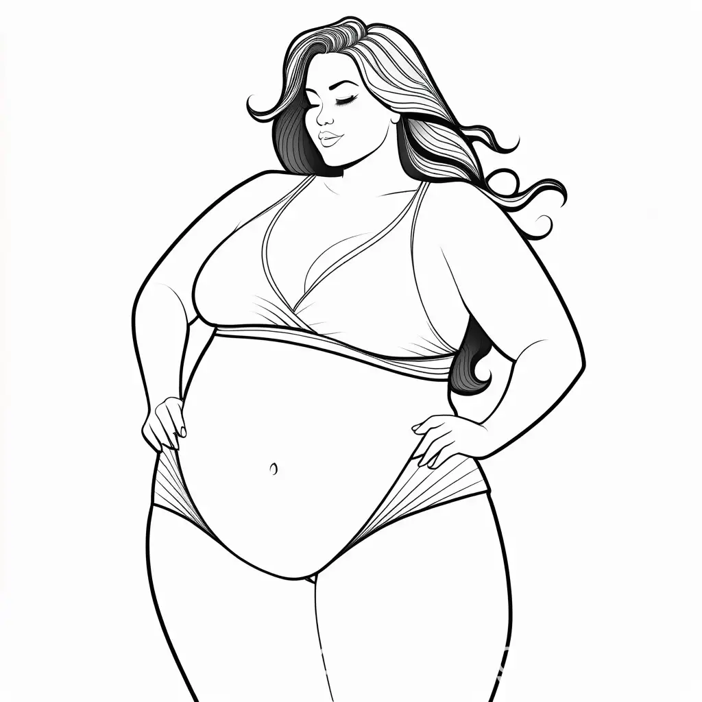 plus size women with big belly, Coloring Page, black and white, line art, white background, Simplicity, Ample White Space. The background of the coloring page is plain white to make it easy for young children to color within the lines. The outlines of all the subjects are easy to distinguish, making it simple for kids to color without too much difficulty