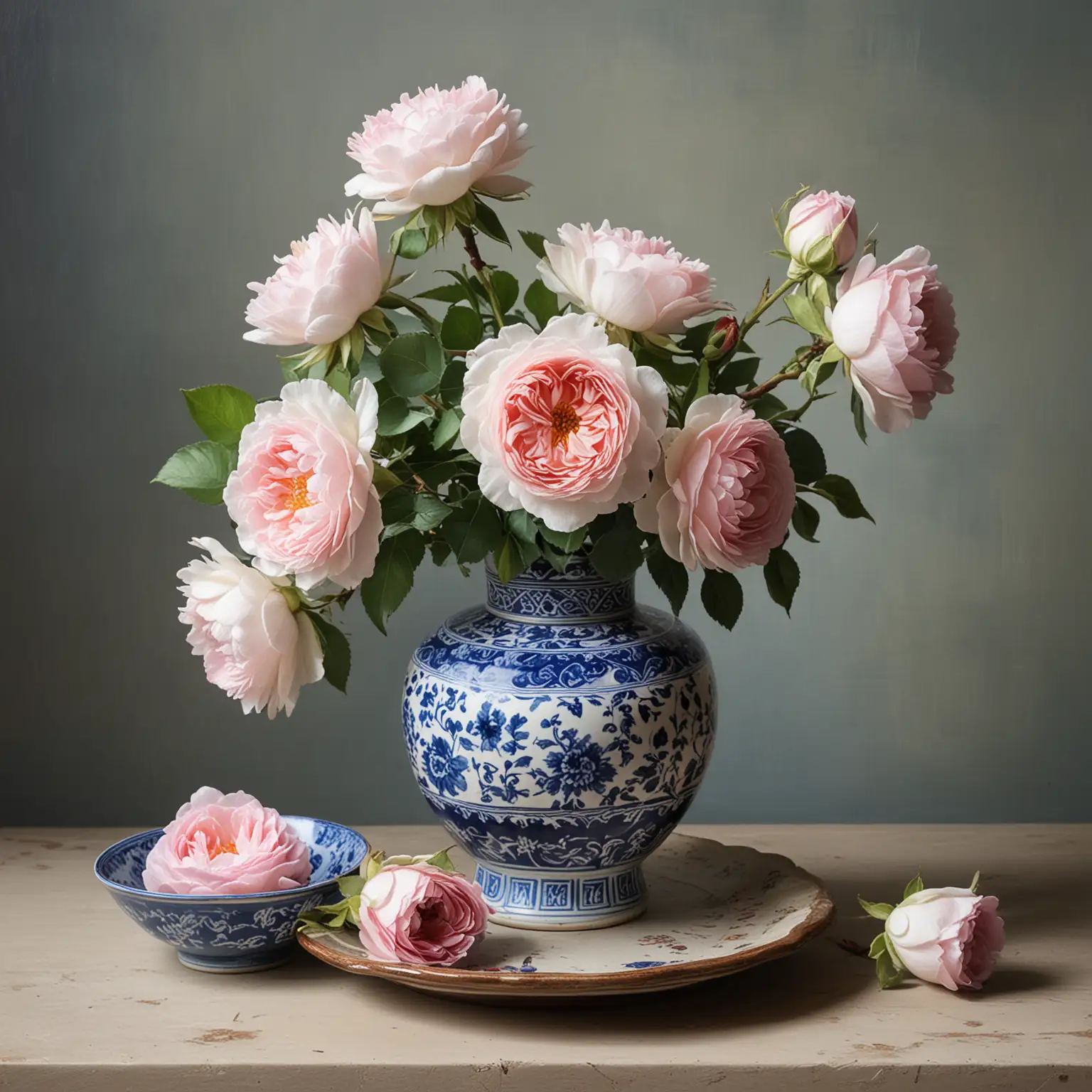 A STILL LIFE PAINTING OF A SMALL BOQUET OF ENGLISH ROSES IN A ROUND ASIAN STYLE BLUE AND WHITE VASE, WITH ONE ROSE LYING ON THE TABLE