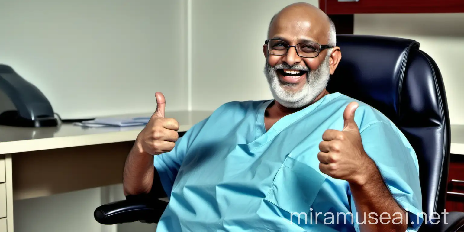 a  fat matured no  hair on scalp and french cut beard style , indian doctor aged 57 years old  wearing an apron and a stethoscope , he is happy and laughing  watching with  mysterious  eyes sitting on a luxurious office chair chair wearing a Surgical Masks  , showing a thumbs up , he is wearing a spectacles, in back ground there is  a medicined  store , on table a mac book is there 
