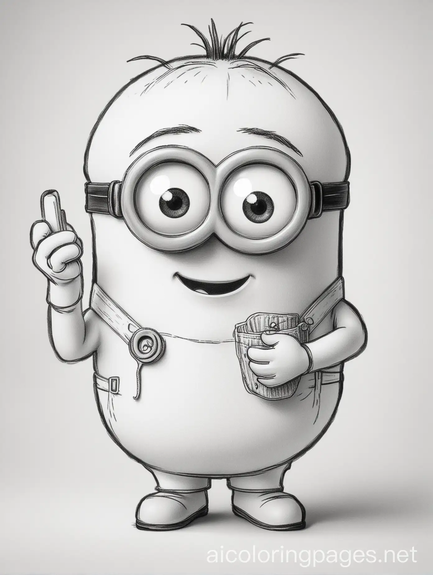 create a minion that eating a banana, Coloring Page, black and white, line art, white background, Simplicity, Ample White Space. The background of the coloring page is plain white to make it easy for young children to color within the lines. The outlines of all the subjects are easy to distinguish, making it simple for kids to color without too much difficulty
