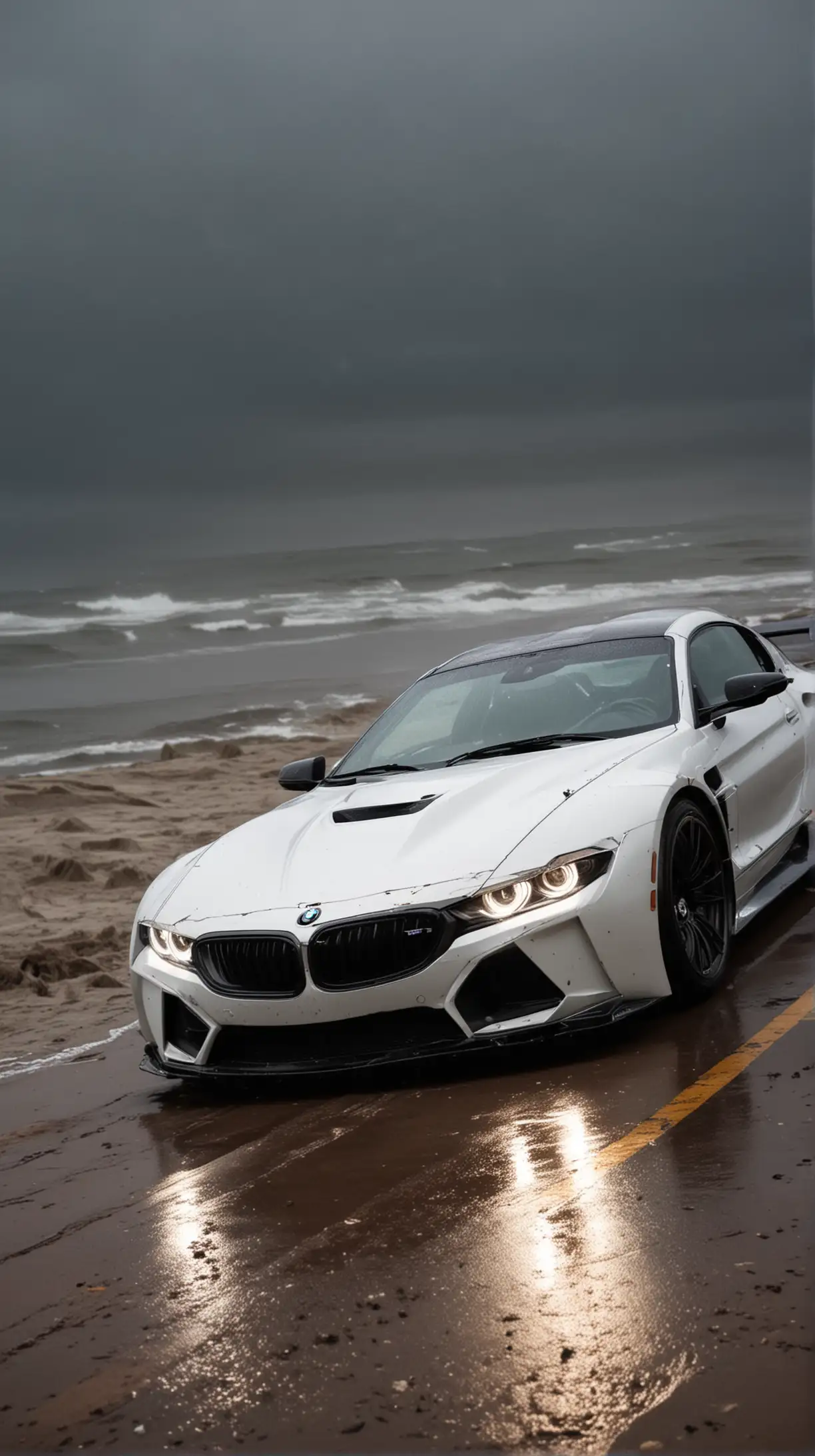 BMW super sports car with white headlights on against the backdrop of Hurricane Sandy