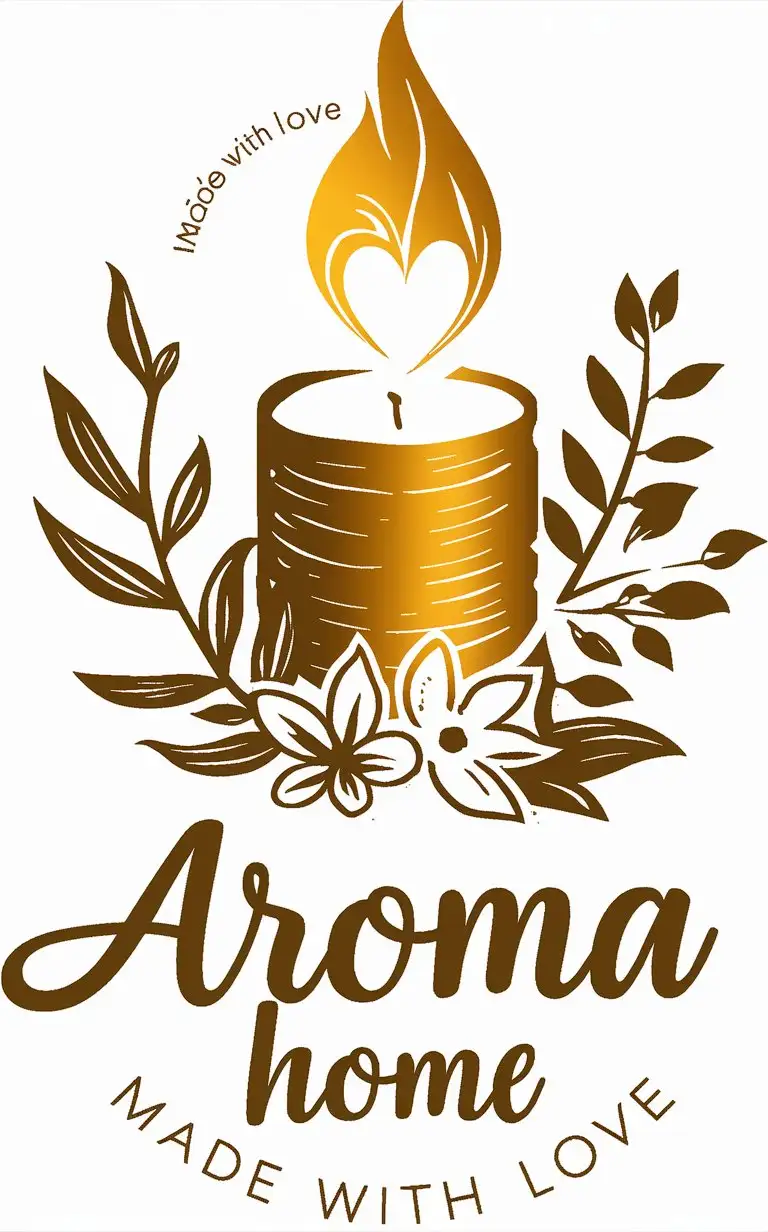 Warm-Candle-with-Heartshaped-Flame-surrounded-by-Botanical-Elements-Aroma-Home-Logo