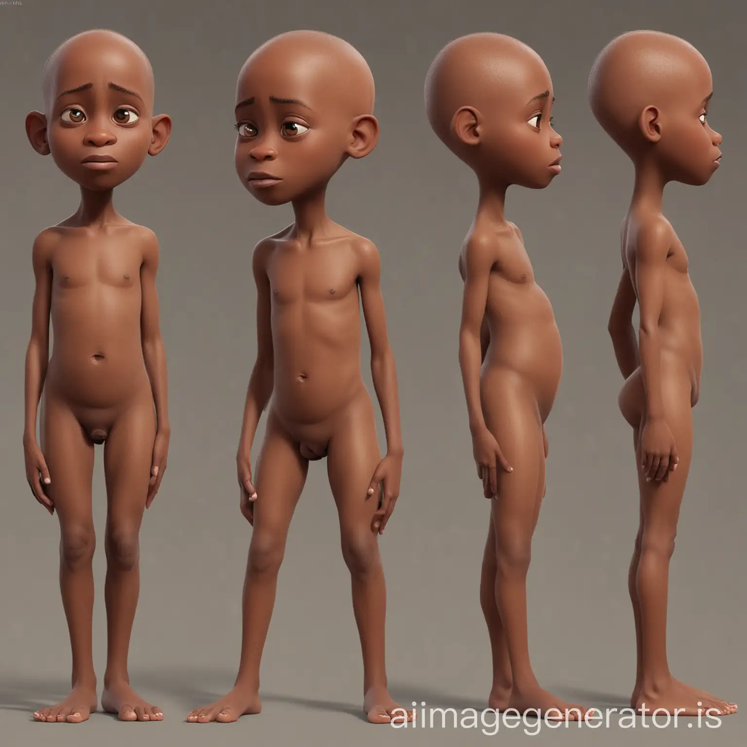 Pixar style little 9 years old short African boy , faceless, bald, naked , different angles  character sheet , front back side view 360 no background, big nose, ugly,