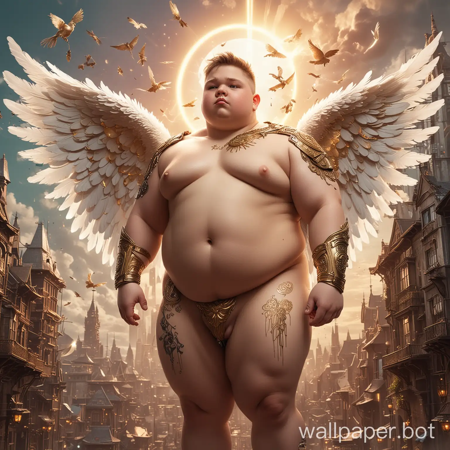 Sci-fi future chubby young warrior cherub angel boy with exposed massive chubby chest with large nipples and round obese belly wearing nothing with iridescent wings with gold tipped feathers and magical runic tattoos that glow, hovering in flight and glowing with angelic power holding an aetheric magical staff, posing in front of a magical futuristic city landscape