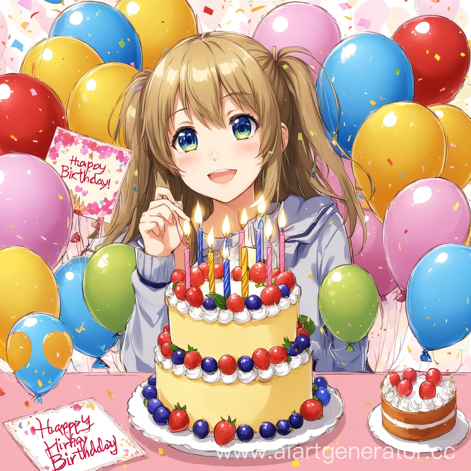 Поздравительная картинка с Днем Рождения, с аниме девочкой, шариками и тортом

