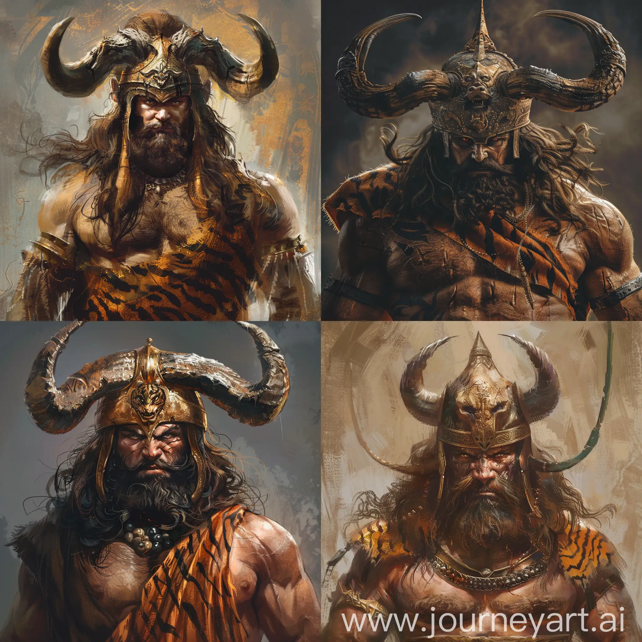 I want you to recreate the face of an ancient Persian commander in a fantasy way: a Persian man, his helmet with the face of a horned demon, his face an angry man with long brown hair and beard, a large body, wearing a tiger skin dress.