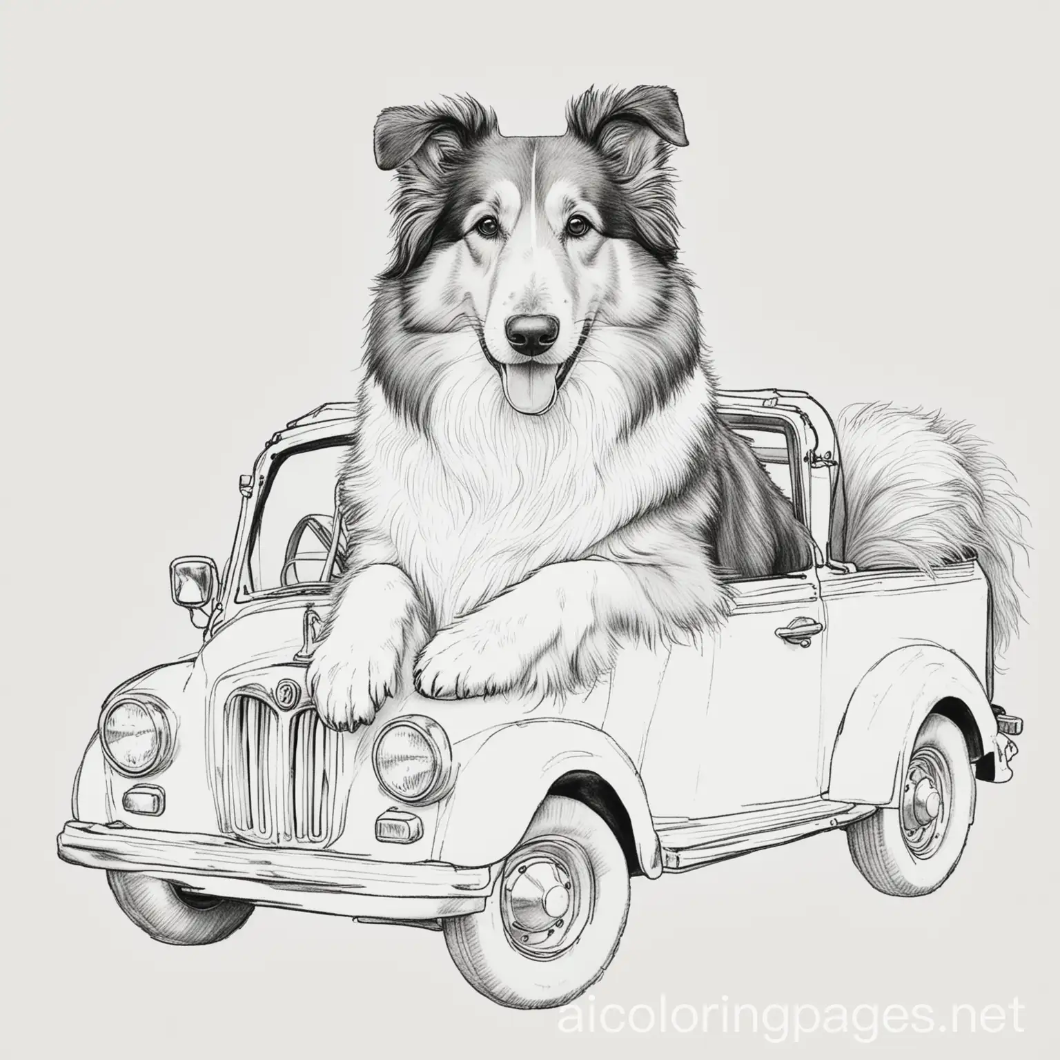 A rough collie riding in a car, Coloring Page, black and white, line art, white background, Simplicity, Ample White Space. The background of the coloring page is plain white to make it easy for young children to color within the lines. The outlines of all the subjects are easy to distinguish, making it simple for kids to color without too much difficulty