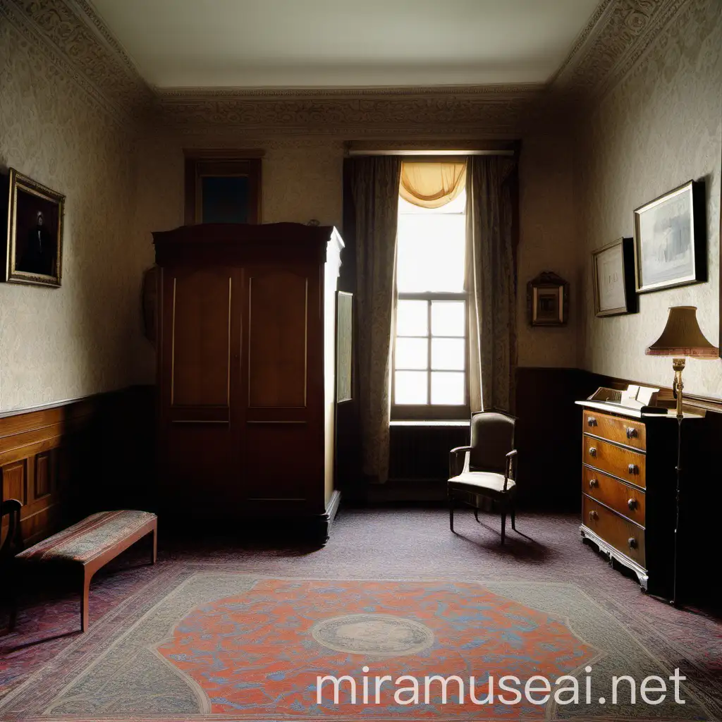 soba iz 1915. godine, poluprazna soba s krevetom, ormarom i pisaćim stolom, veliki tepih na podu, na zidu je slika dame u krznu, prozor