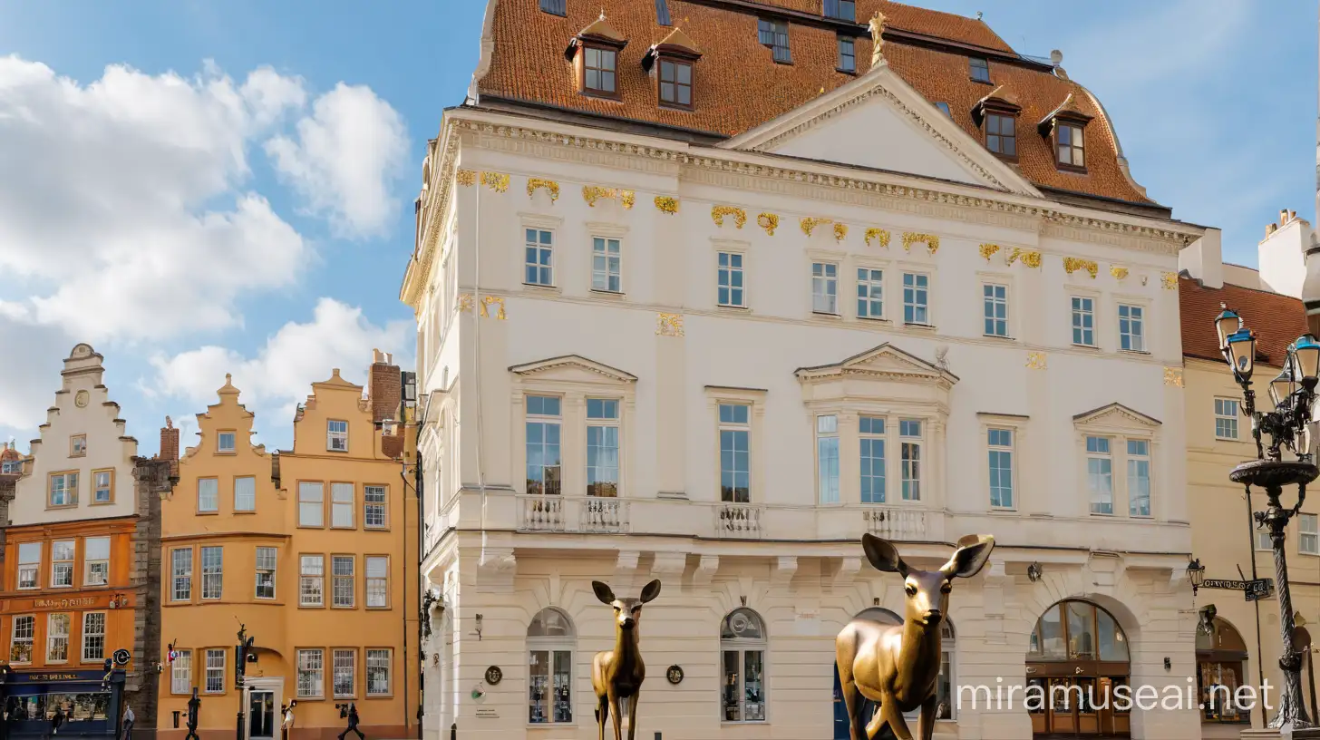 The city centre, a sunny day, on the left there is a sculpture of a fawn cast in bronze.