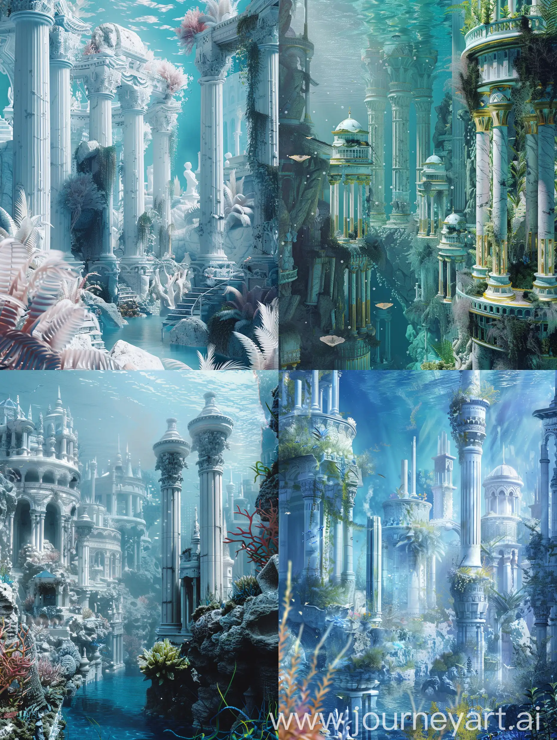 Magical underwater city, white marble, towers, plants, seaweed, ancient roman architecture, town Fair, lighthouse, fantasy style, white and blue columns