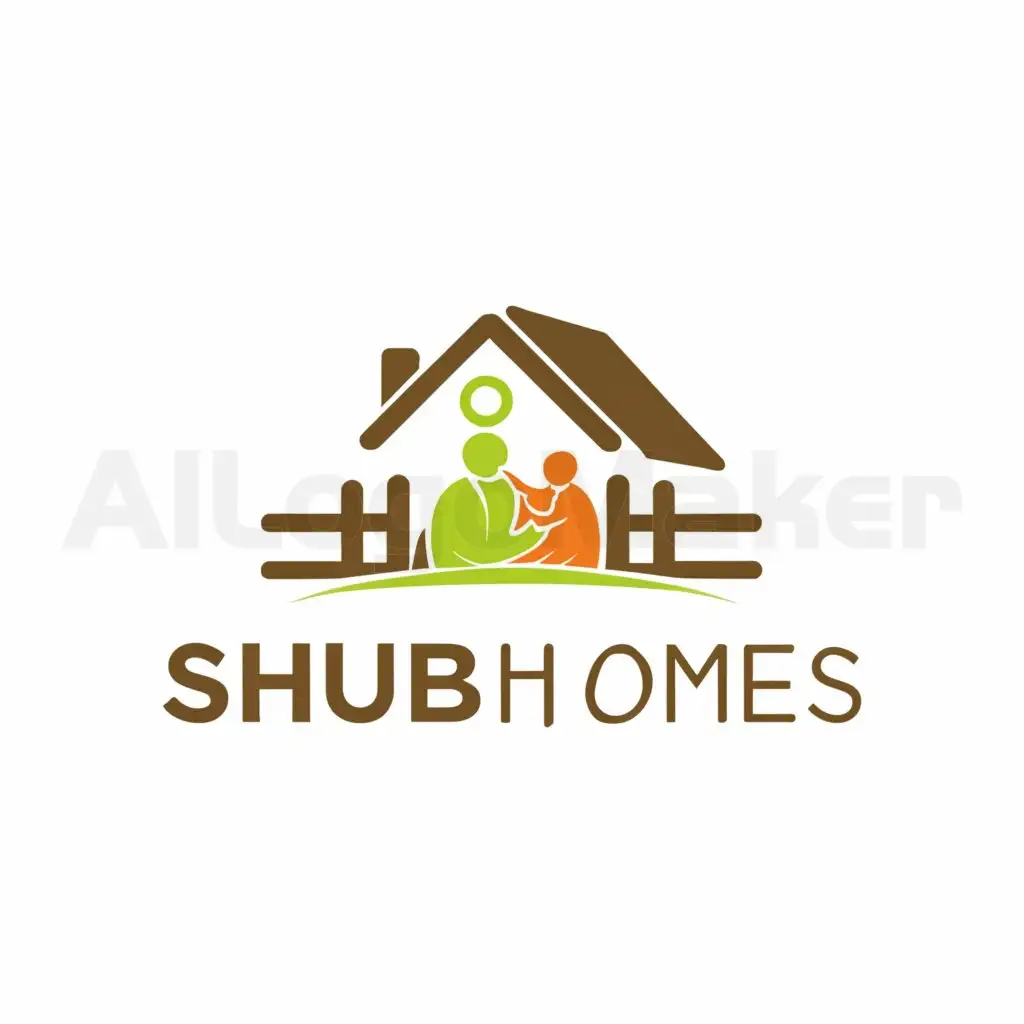 a logo design,with the text "Shubh Homes", main symbol:I want a simple house kind of structure in background and then along with that give a slight hint of a family holding each other hands at max 3 people entering that house one male, one female and one kid and then just write Shubh Homes below or aside of that logo,complex,be used in Real Estate industry,clear background