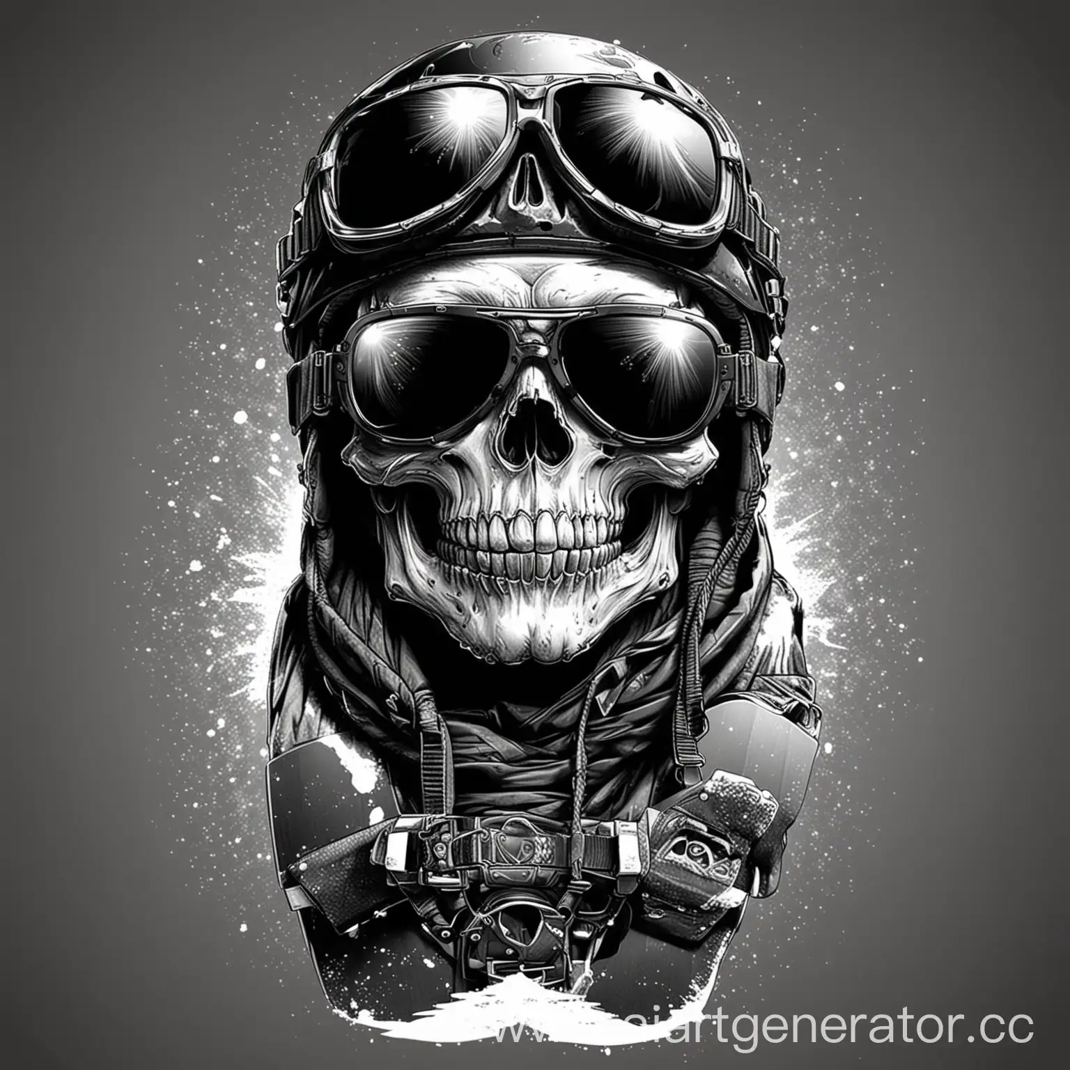 Skull-Snowboarder-in-Helmet-and-Sunglasses-Monochrome-Vector-Illustration