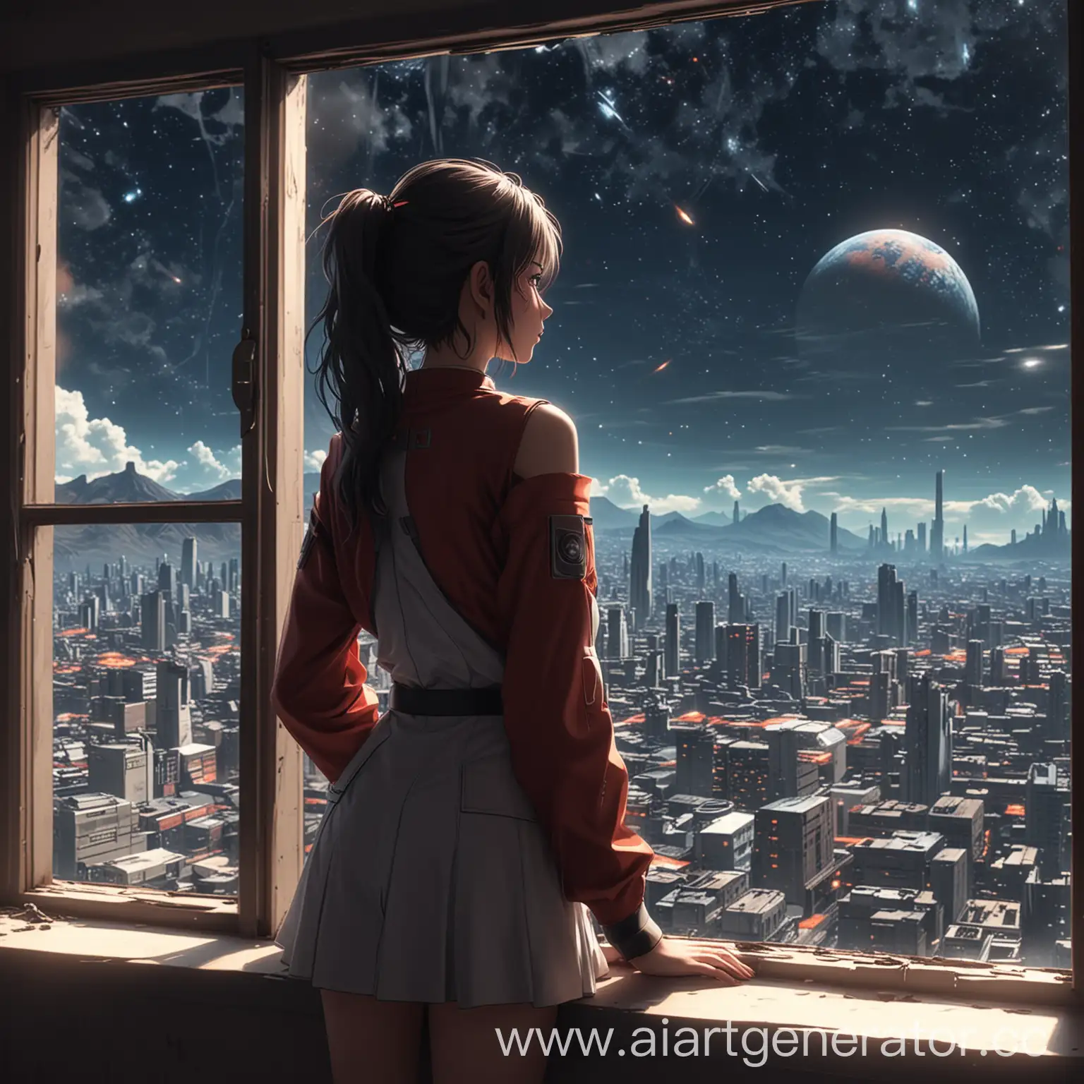 An anime girl who is waiting for her lover on another planet by the window. A fantastic city of the future is spread out outside the window. without blurring the background from the back. the view from the window is clean, without blurring in 4k format