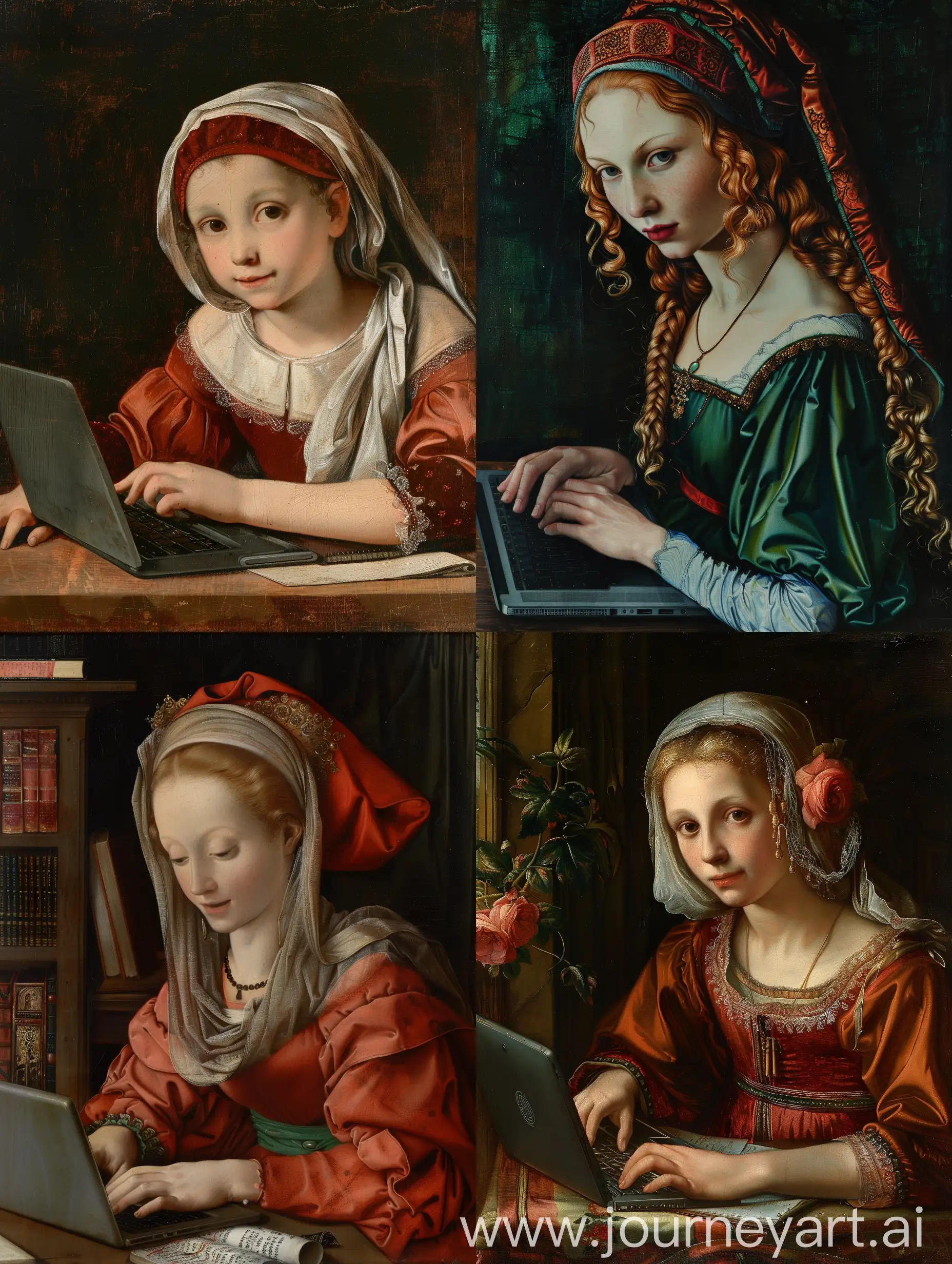 Картина эпохи возрождения, в которой есть 1 человек девушка, добавь в неё ноутбук