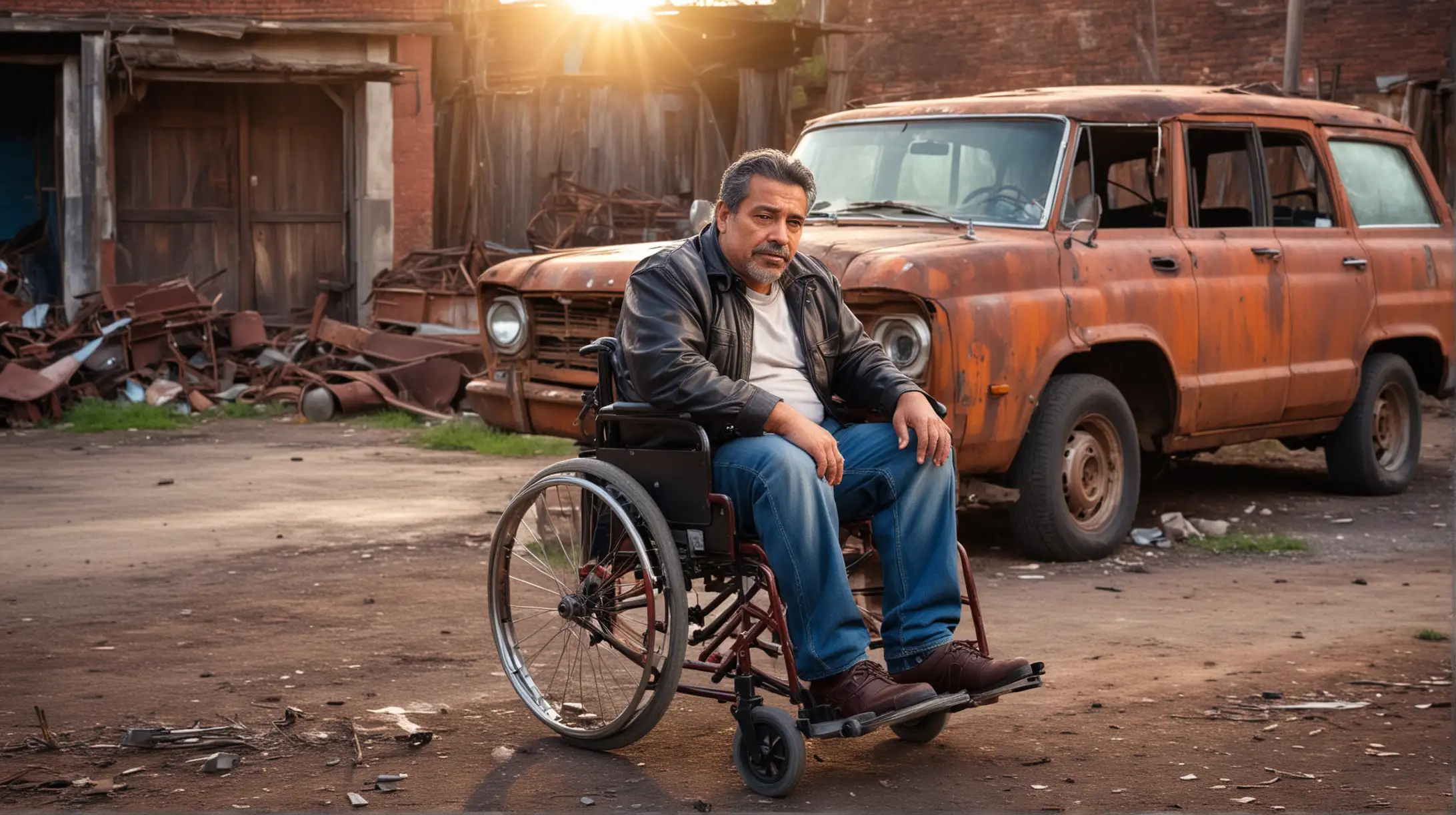 a middle age hispanic man in a wheelchair sitting in front of and old broken down rusty car, dramatic lighting, vibrant colors