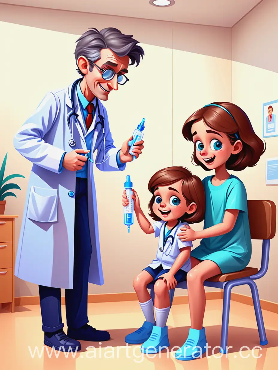 врач делает прививку детям и им весело в мультяшном стиле