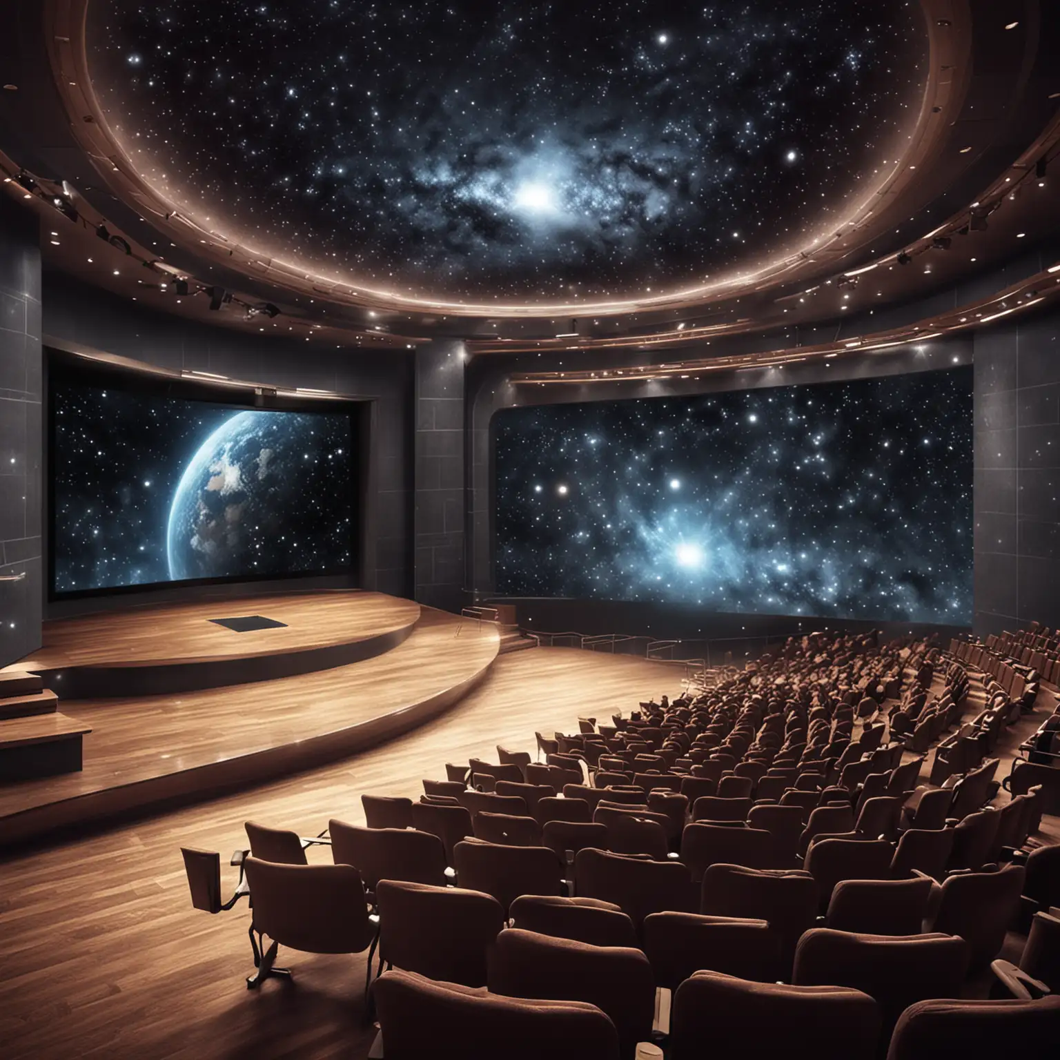 create an image that depicts an auditorium and learning environment with outer space effects