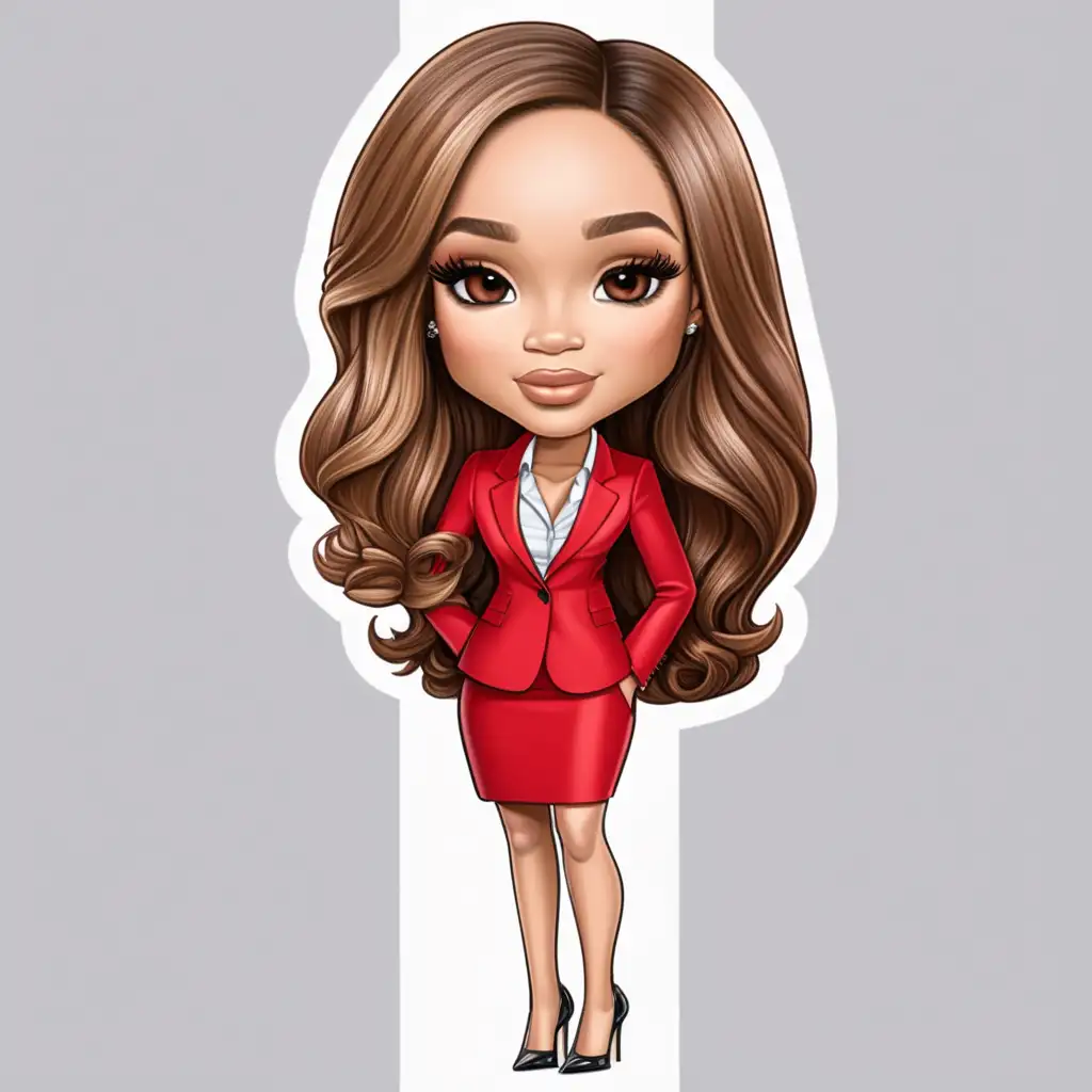 Envision a chibi-style portrayal featuring a strikingly, gorgeous, light skinned, Megan Markle look a like, keen features, black women, This detailed depiction showcases her entire body with impeccable makeup, long lashes, and blond-auburn, medium-long hair , Dressed in sophisticated, chic, red suit , stiletto heels, Transparent background