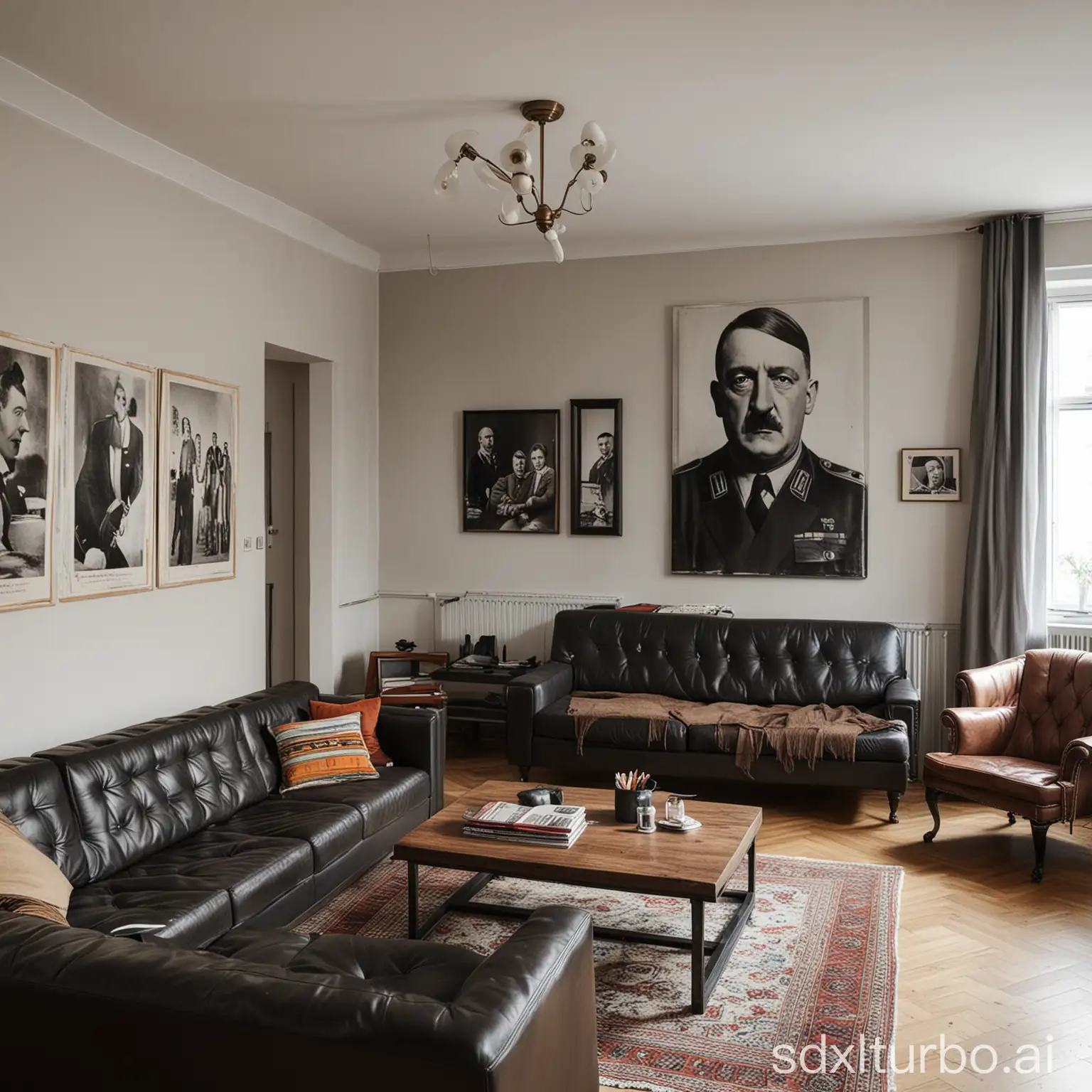 modern berlin apartment livingroom, painting of hitler on the wall, leather sofas and a black piano with family photos on top