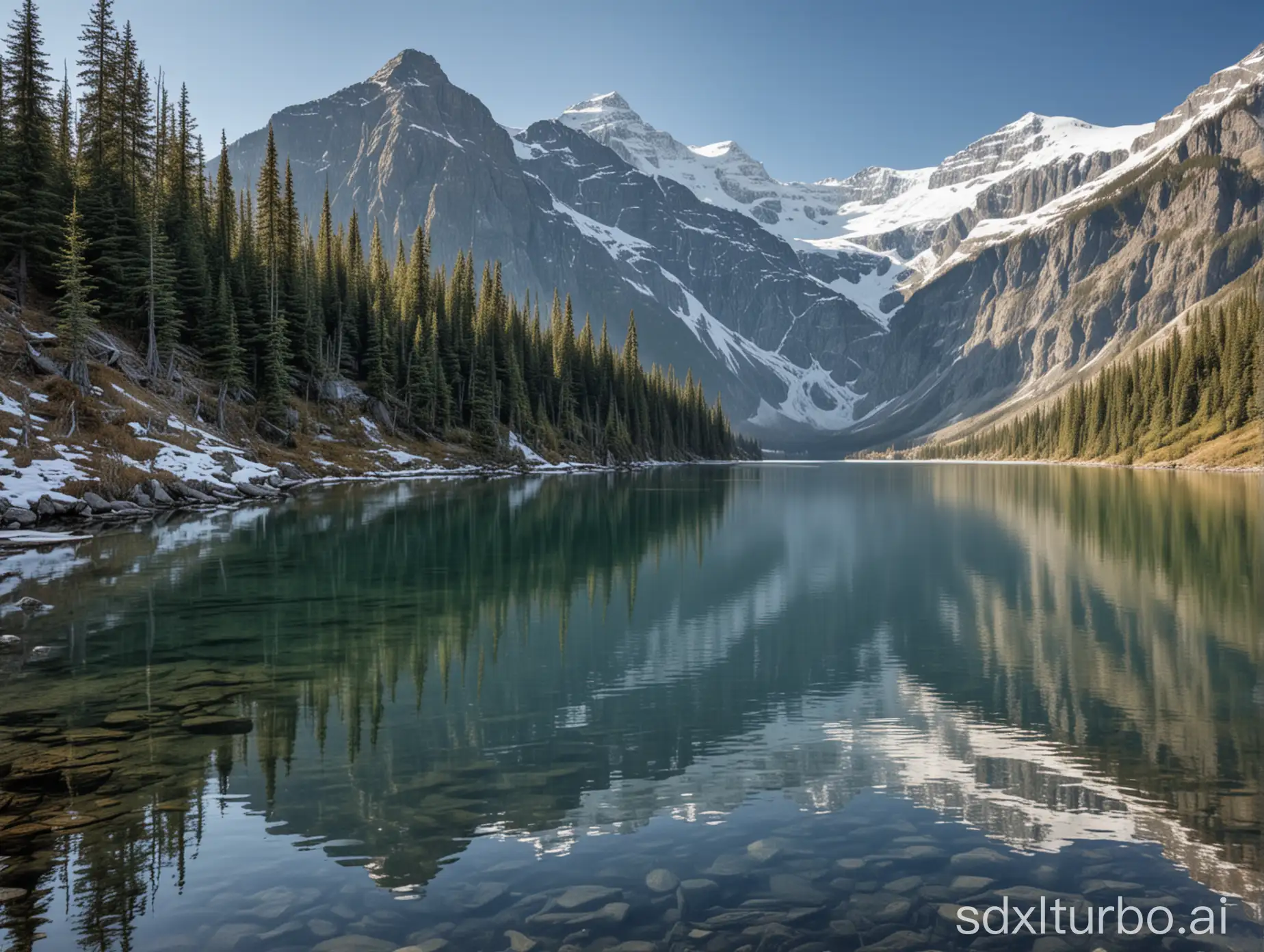 加拿大自然地理风光，真实景色，有积雪的高山、晴朗天气、山下有湖