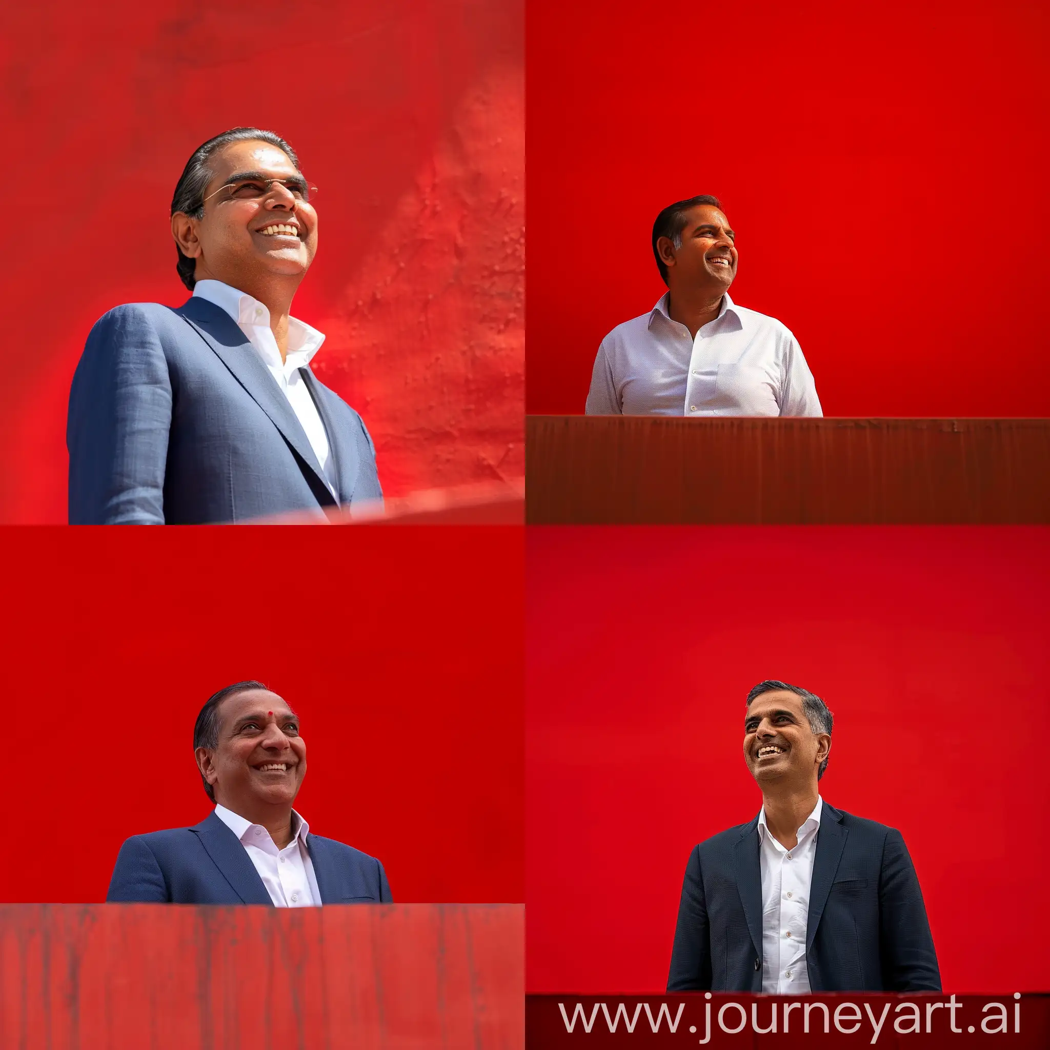 Anand Ambani, an Indian billionaire, stands smiling from the edge, with a red background against him