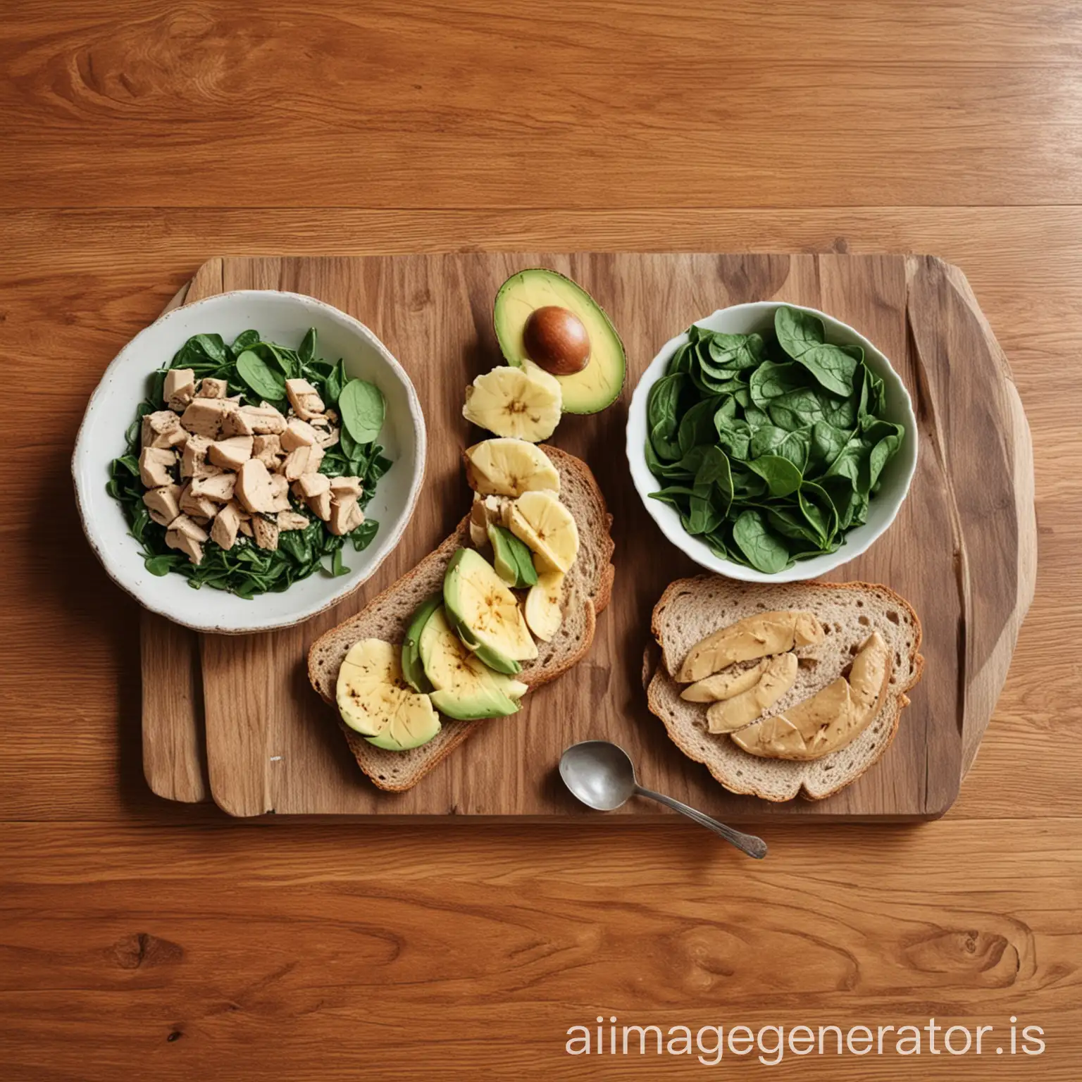 Healthy-Village-Kitchen-Whole-Grain-Bread-Spinach-Chicken-Breast-Avocado-and-Banana-on-Wooden-Table