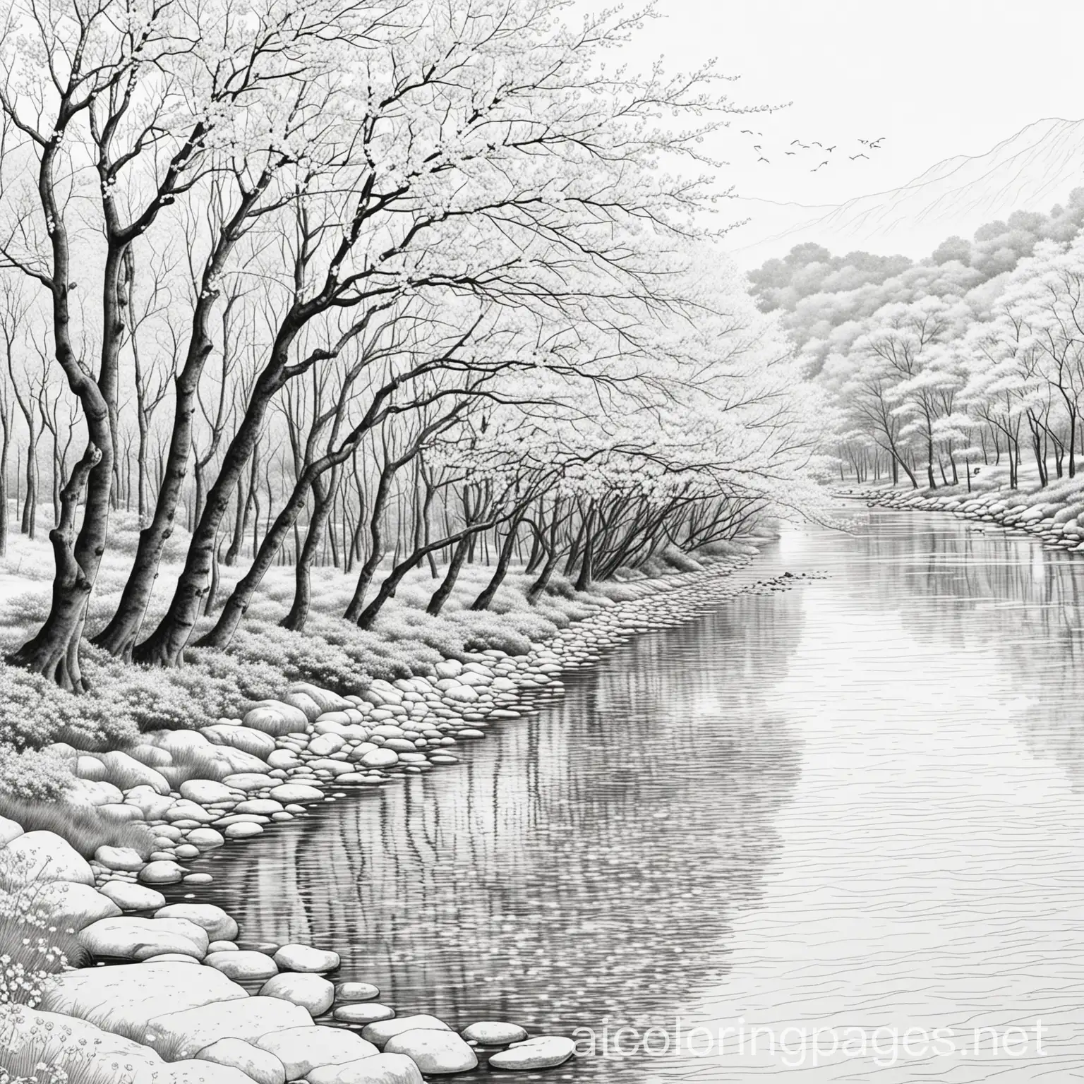 Coloring Page of Sakura Trees Along the River, black and white, line art, white background, Simplicity, Ample White Space. The background of the coloring page is plain white to make it easy for young children to color within the lines. The outlines of all the subjects are easy to distinguish, making it simple for kids to color without too much difficulty