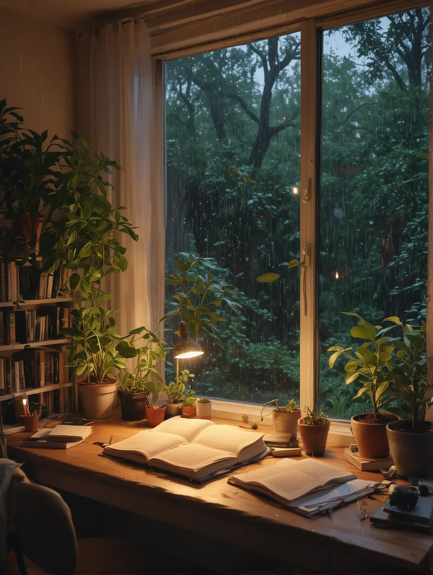 窗外下雨 植物 森林  书房 台灯  床 很多书 8k高清 书架 苹果电脑  温馨的书房 黄昏