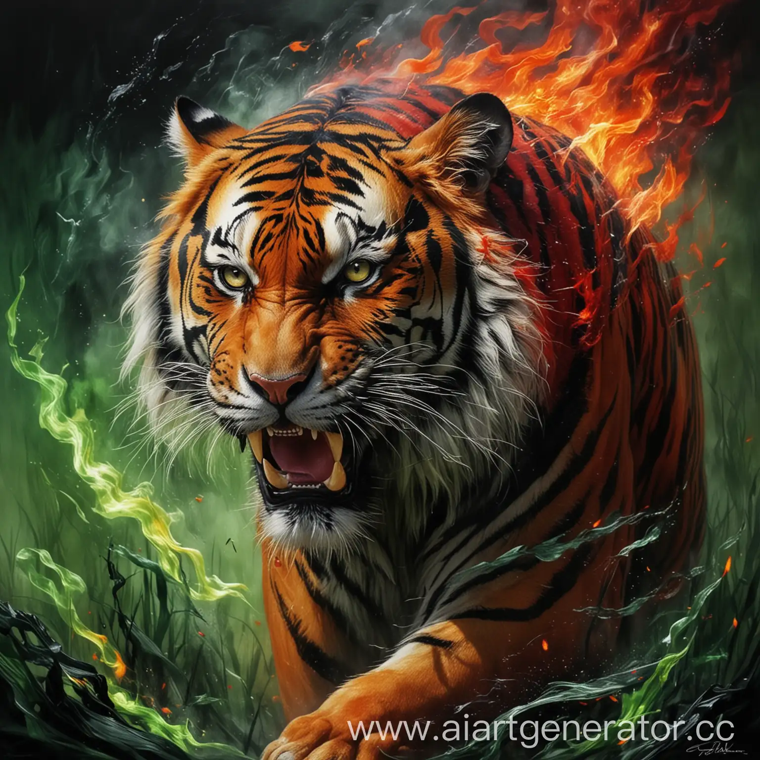 Majestic-Tiger-Roaming-Amidst-Wind-and-Fire-in-Lush-Greenery