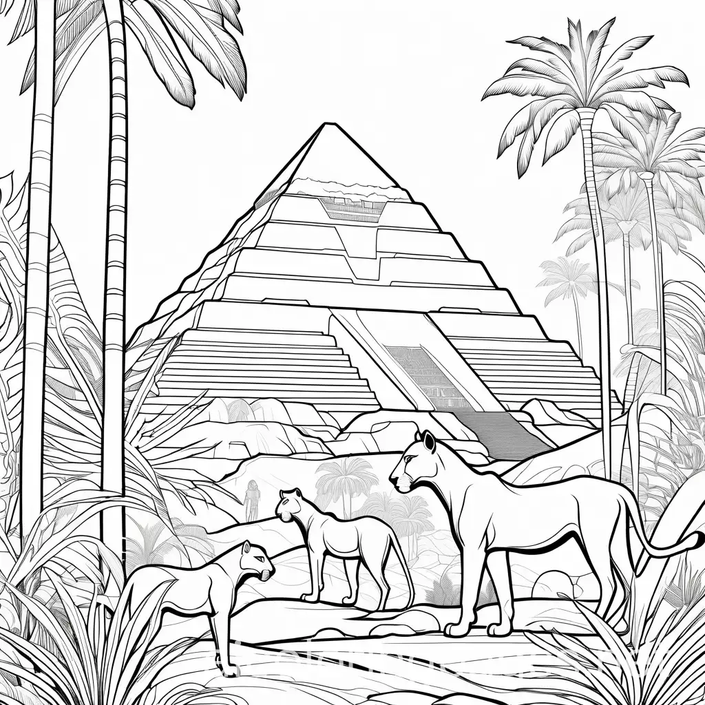 cartoon black and white outline illustration of ancient Egypt with pyramids lush jungle palms wild tigers and cheetahs and ancient Egyptian people, Coloring Page, black and white, line art, white background, Simplicity, Ample White Space. The background of the coloring page is plain white to make it easy for young children to color within the lines. The outlines of all the subjects are easy to distinguish, making it simple for kids to color without too much difficulty