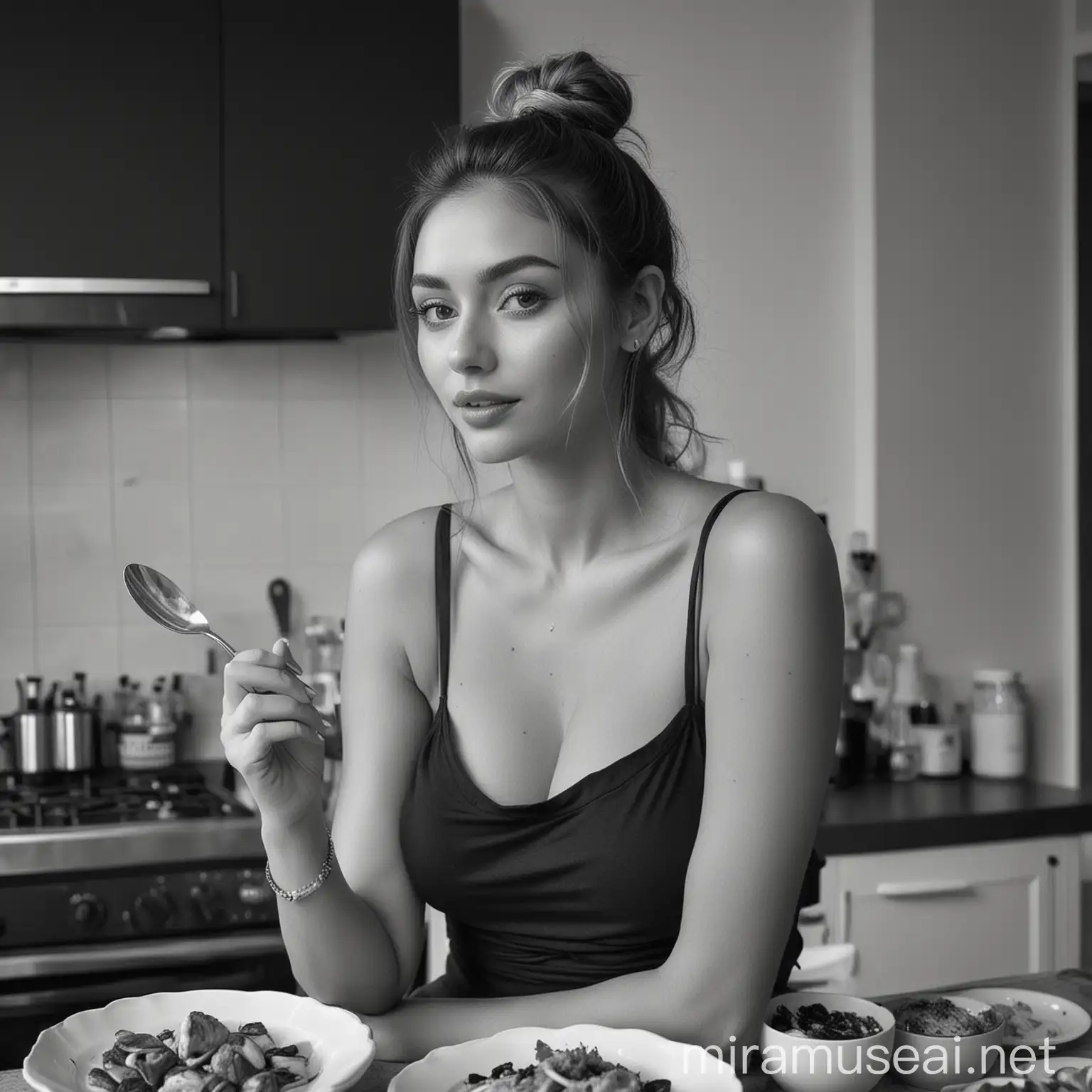 candid photograph , looking over shoulder ,a woman who wanna grab men's attraction with her style, because she is so sexy and she is onlyfans a model, she is tall, and she is cooking she looks at the food , --no look at camera, black and white