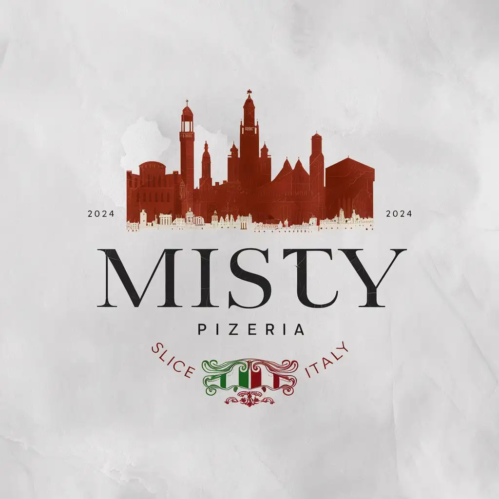 Misto Pizzeria, Minimalist, Emblem, Ornament, Vintage, Sketched Italian City, EST 2024 , Italy flag, Slogan Slice of Italy, White Foggy background