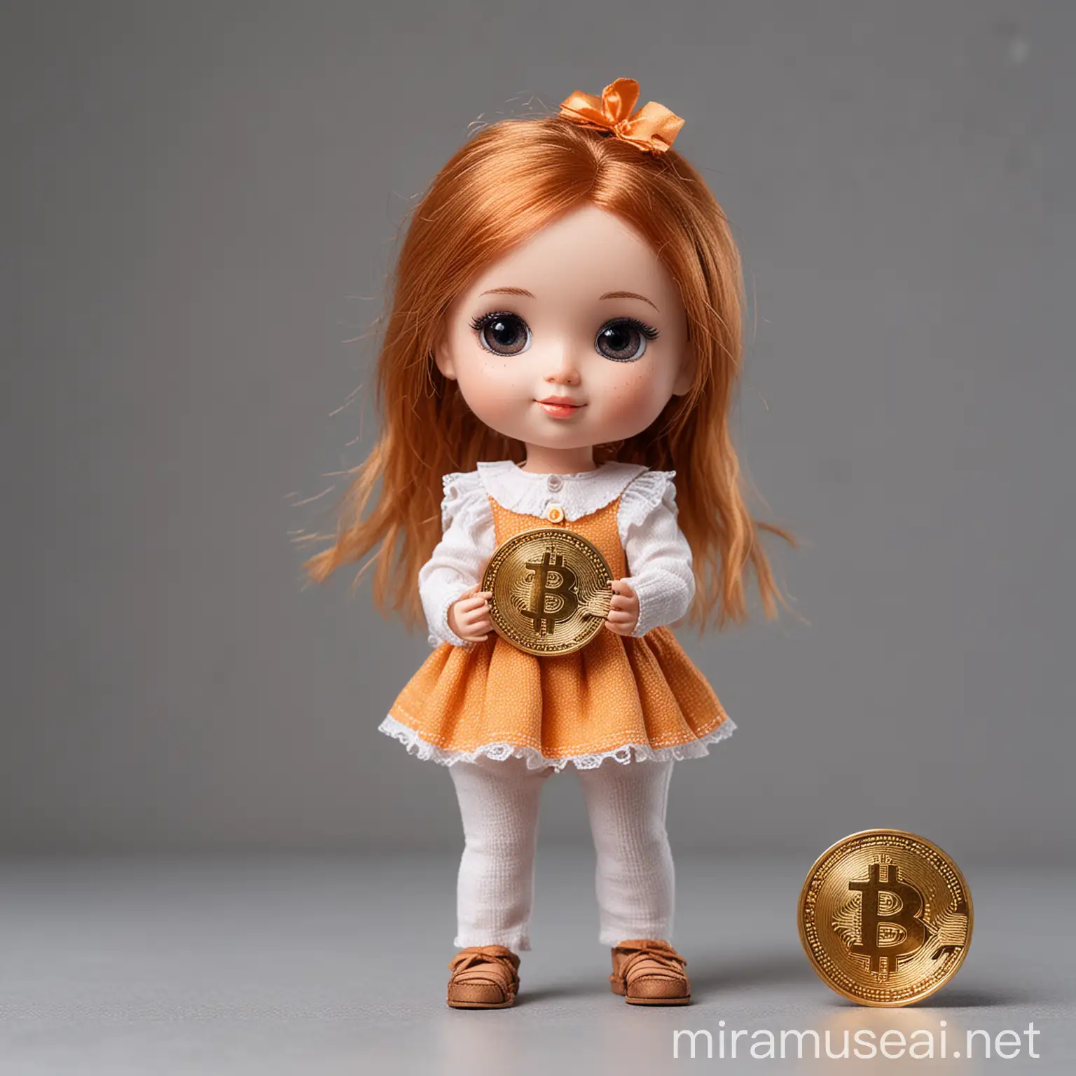 Adorable Doll Holding a Large Bitcoin Coin