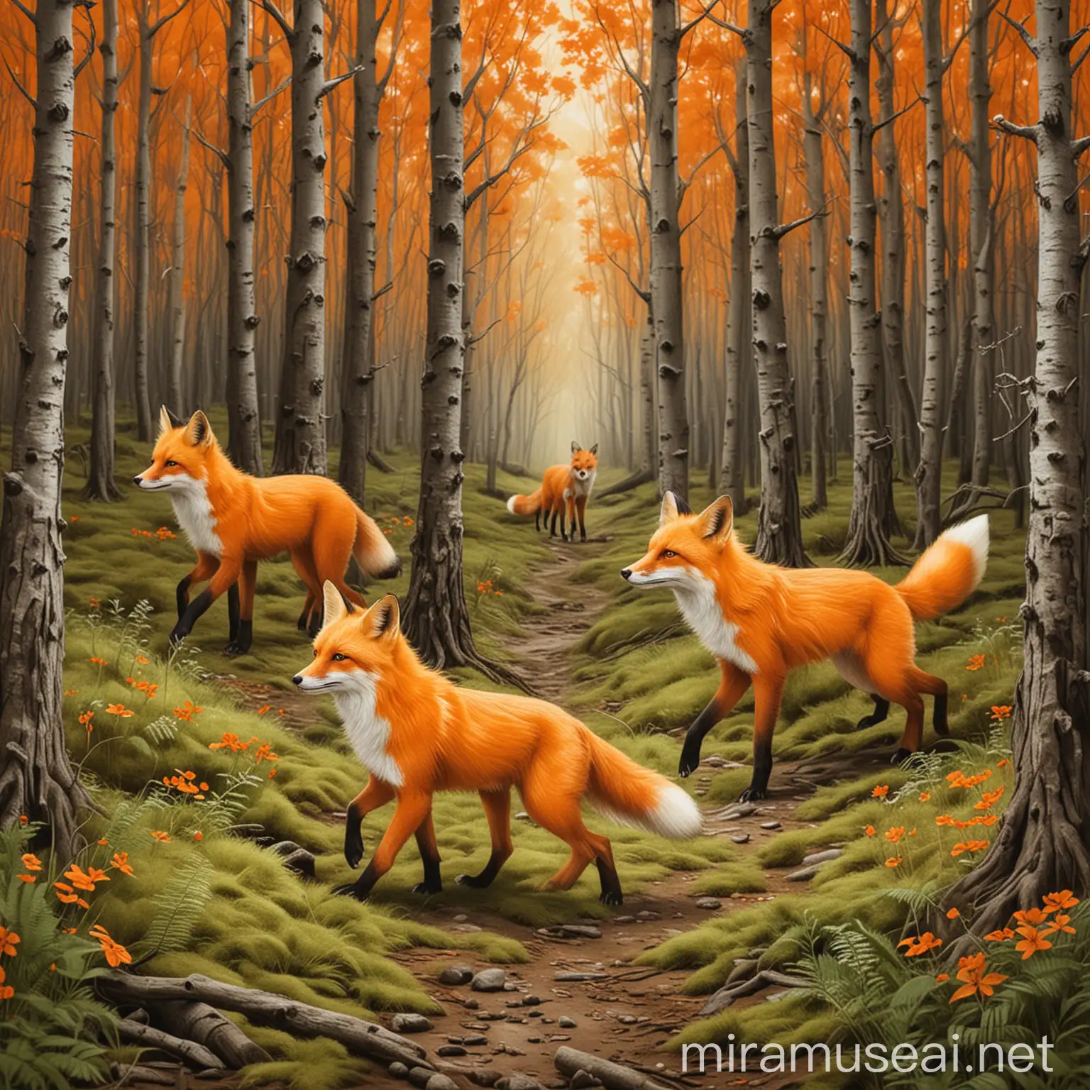 Orange Foxes Strolling Through the Enchanting Forest