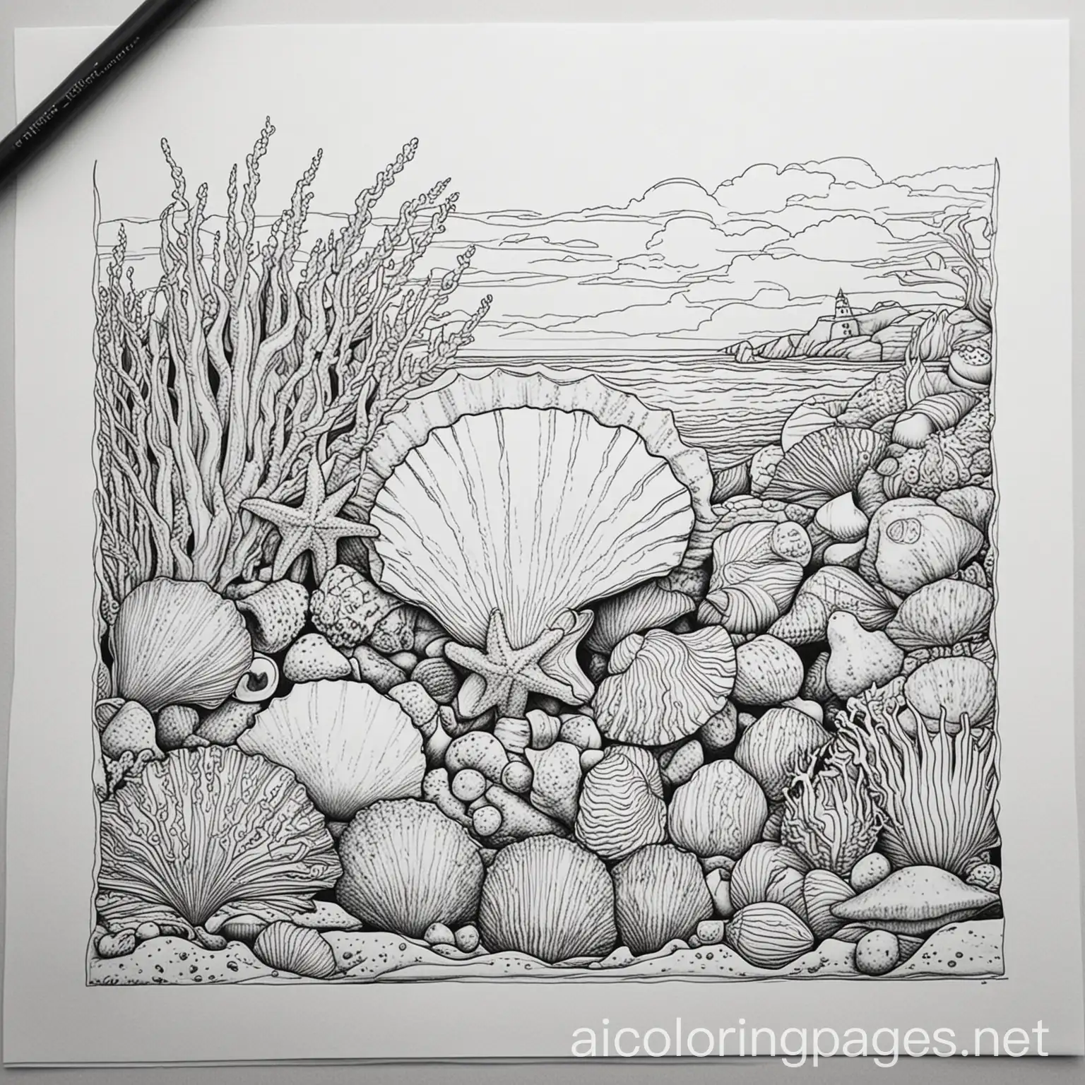 Make a coloring page with bold black and white outlines of seashells on a oceanic scene. , Coloring Page, black and white, line art, white background, Simplicity, Ample White Space. The background of the coloring page is plain white to make it easy for young children to color within the lines. The outlines of all the subjects are easy to distinguish, making it simple for kids to color without too much difficulty