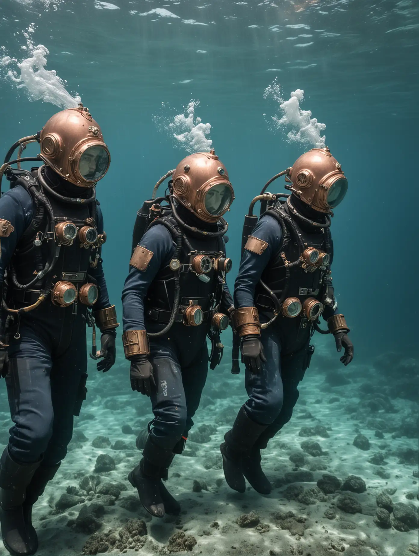 Small Divers Exploring Underwater with Copper Helmets and Blue Sapphire Jewels