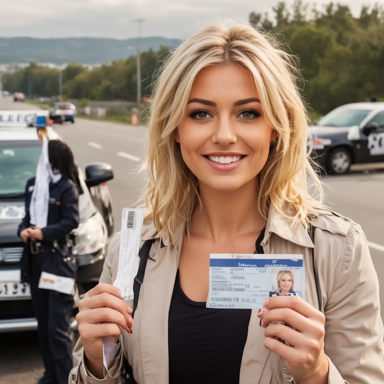 Blonde News Reporter at Car Crash Scene Holding Drivers License