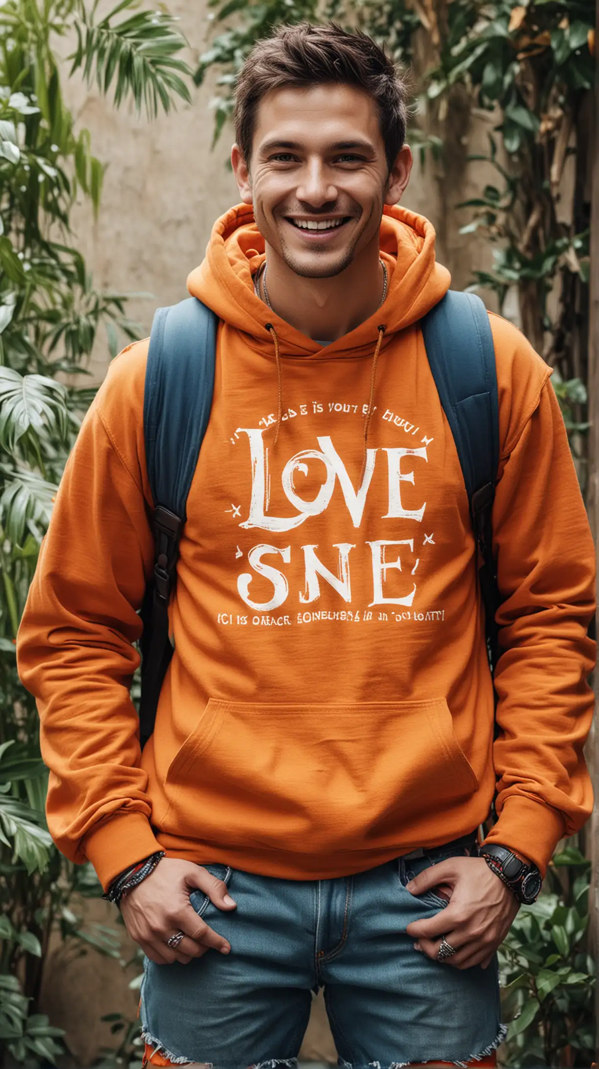 Cheerful Man in Love Hoodie with Colorful Graphics and Headphones