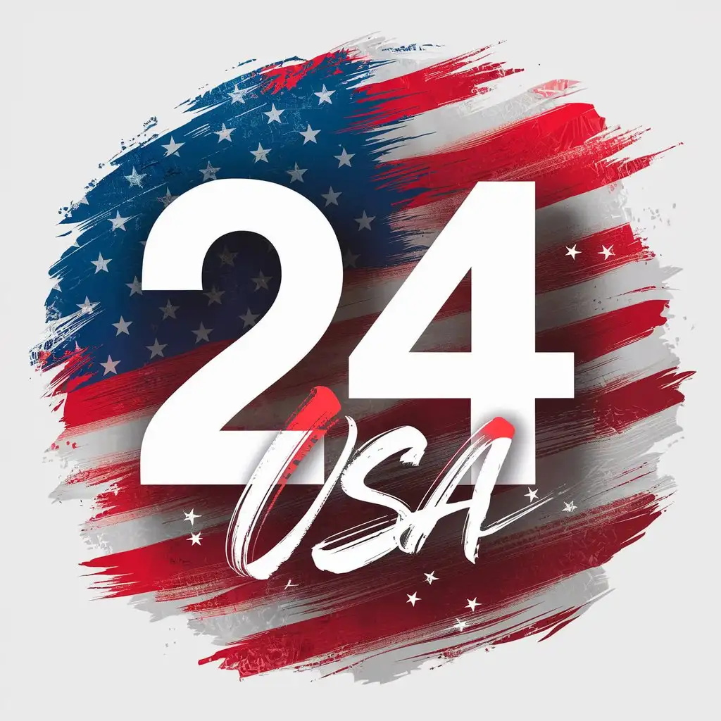 featured in red white and blue, in the middle, text "24 USA" gradient brush strokes in red white and blue, stars and stripes