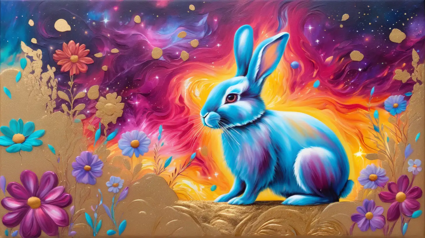 textured oil painting of cute rabbit surrounded by abstract art of florescent colors-pinks and purples and golden-magentas in golden dust and a magical turquoise glow with luminescent  magenta flowers, magenta-fire among galaxies.