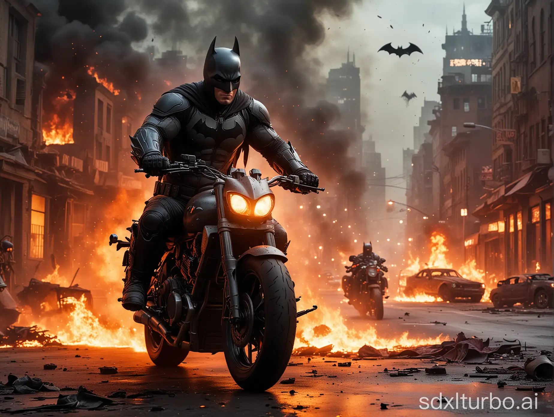 Motorcycles go, Batman sits on the motorcycle, the motorcycle is red and he drives through a burning city