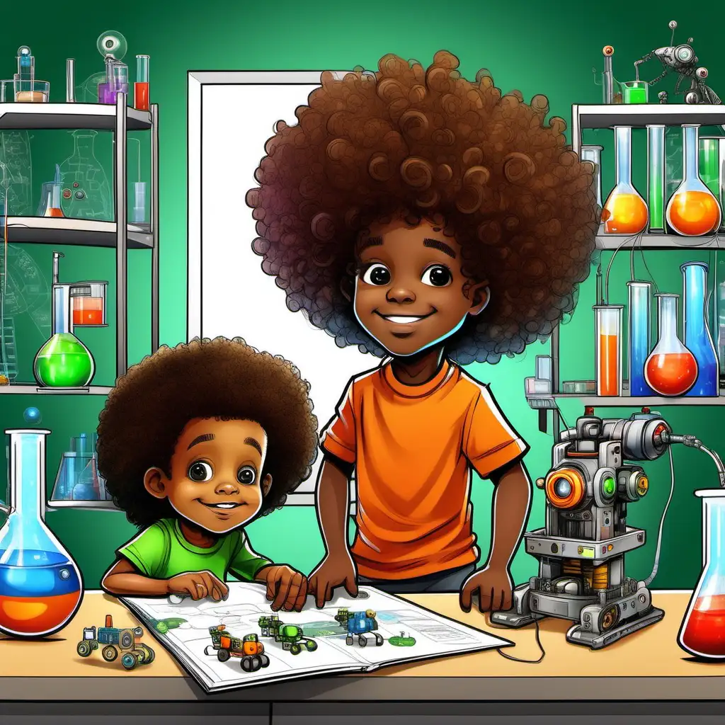 cartoon african american 2 year old little boy with big curly afro and dark brown eyes wearing an orange shirt and african american 5 year old little boy with big curly and dark brown eyes afro wearing green shirt in a science lab, surrounded by cool experiments, robots, and scientific gadgets, bright vibrant colors
