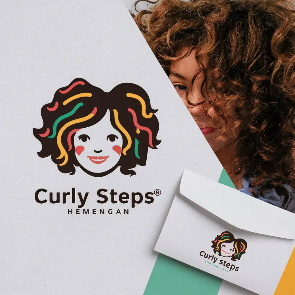 a logo design,with the text "CURLY STEPS", main symbol:the logo should include   a girls' face and curly hair care theme. logo on must be stationery design,Moderate,clear background