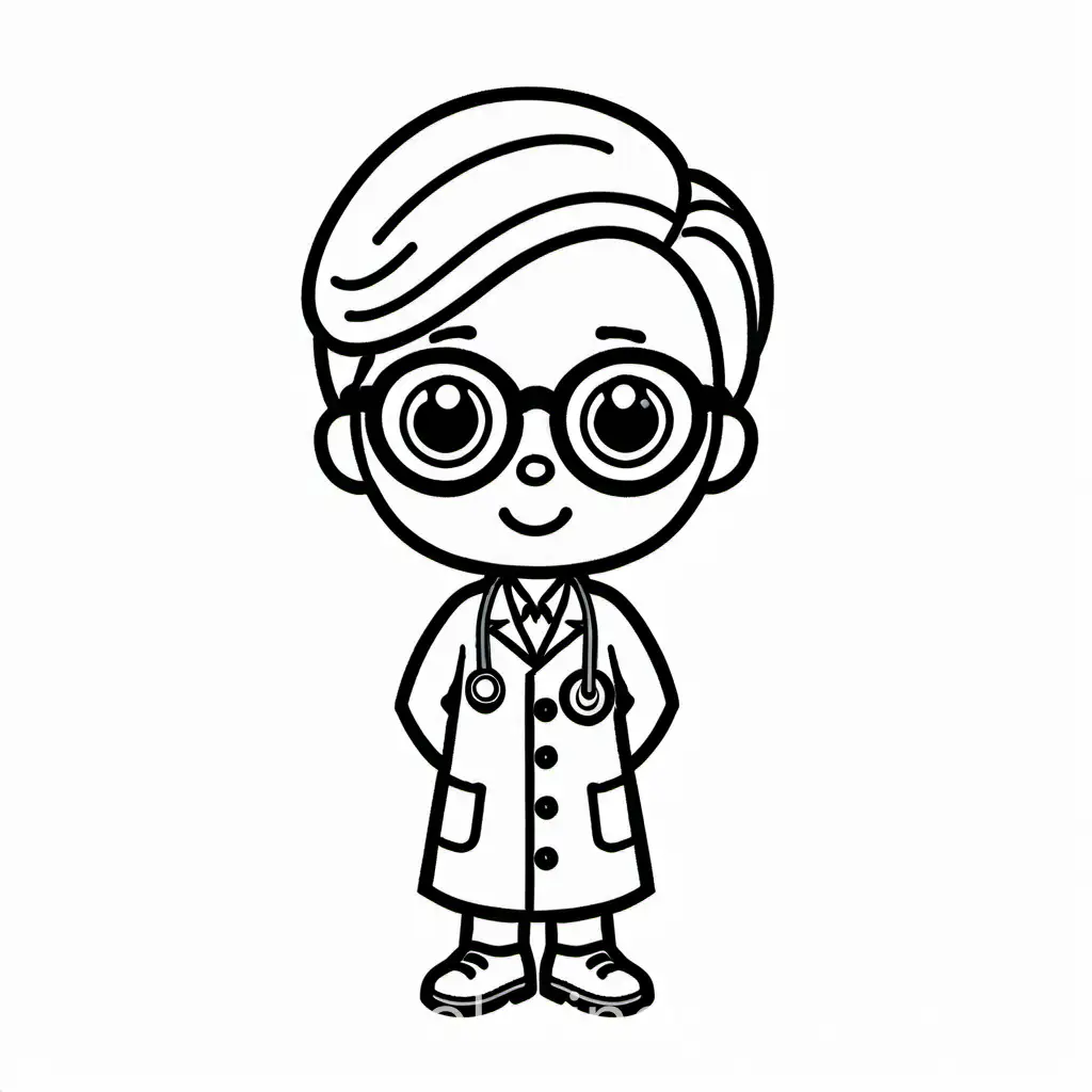 Doctor, Coloring Page, black and white, line art, white background, Simplicity, Ample White Space. The background of the coloring page is plain white to make it easy for young children to color within the lines. The outlines of all the subjects are easy to distinguish, making it simple for kids to color without too much difficulty