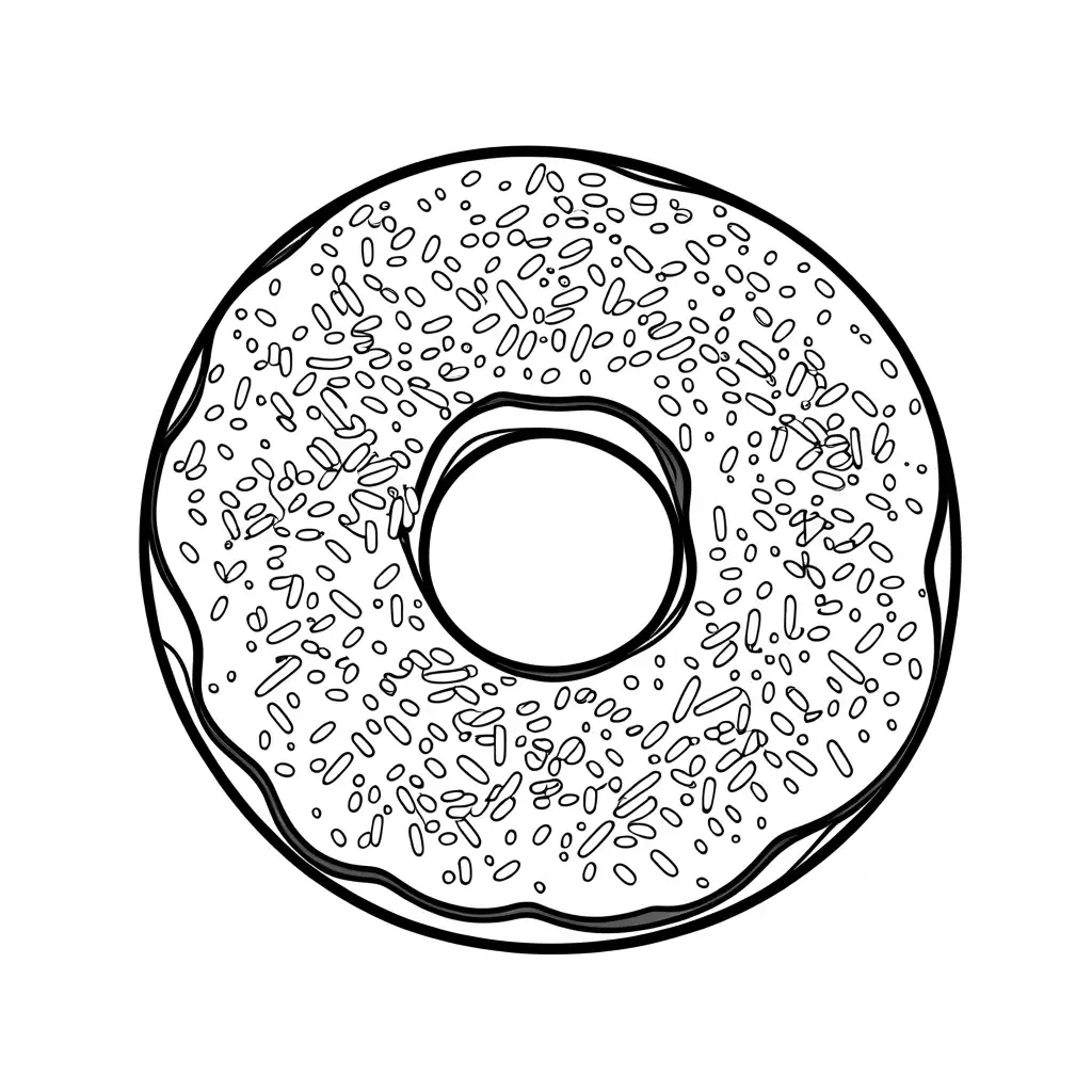 donut, Coloring Page, black and white, line art, white background, Simplicity, Ample White Space. The background of the coloring page is plain white to make it easy for young children to color within the lines. The outlines of all the subjects are easy to distinguish, making it simple for kids to color without too much difficulty