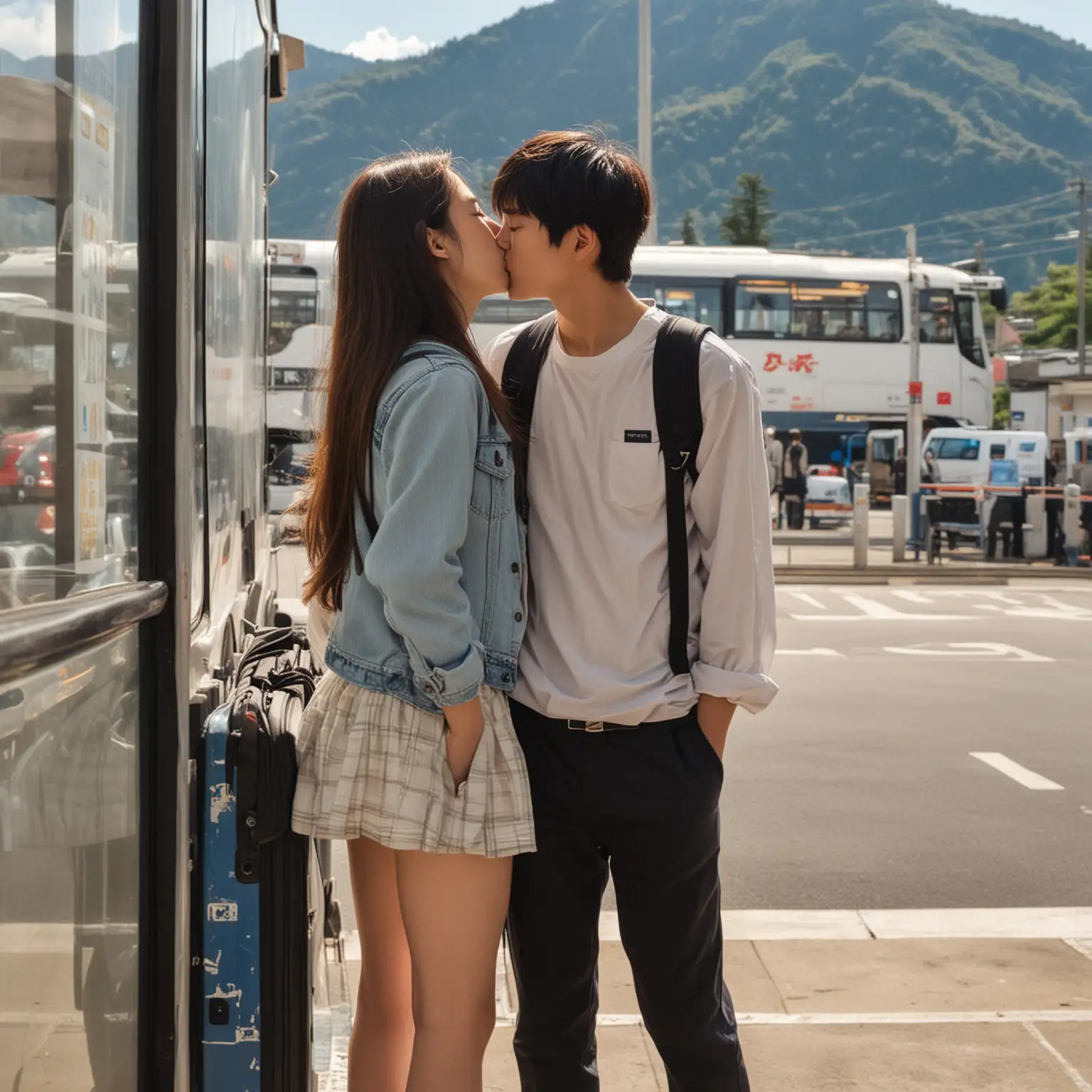 16 year old Japanse girl and boy kissing in the bus station with mountain view