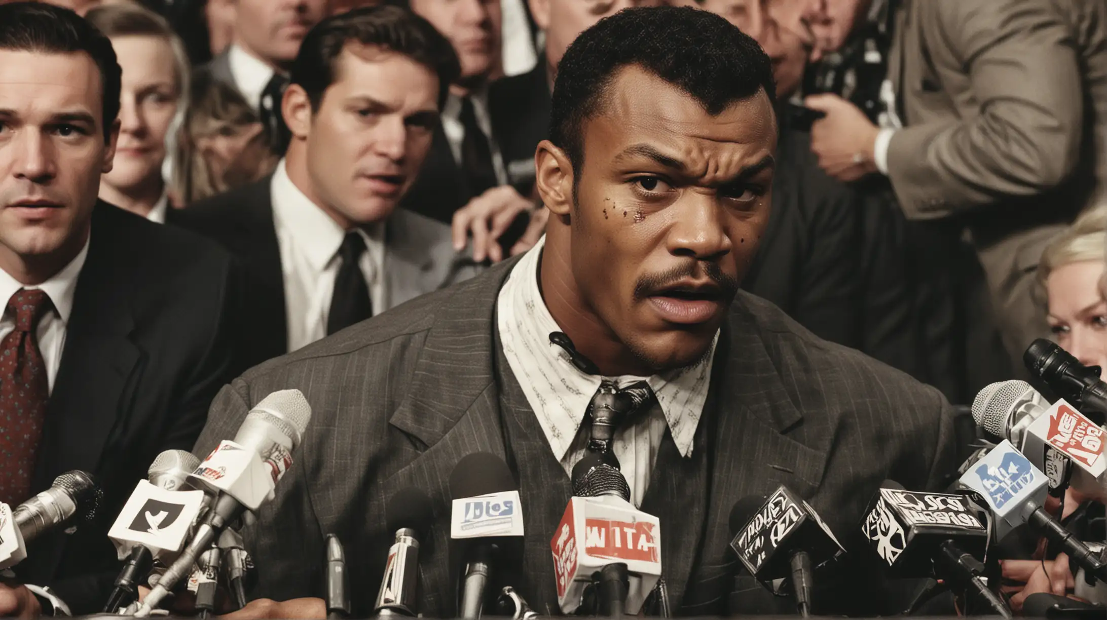 Create a realistic image of Tyson at a press conference, looking agitated, surrounded by microphones and reporters. The atmosphere is tense, reflecting a controversial period in his career.
