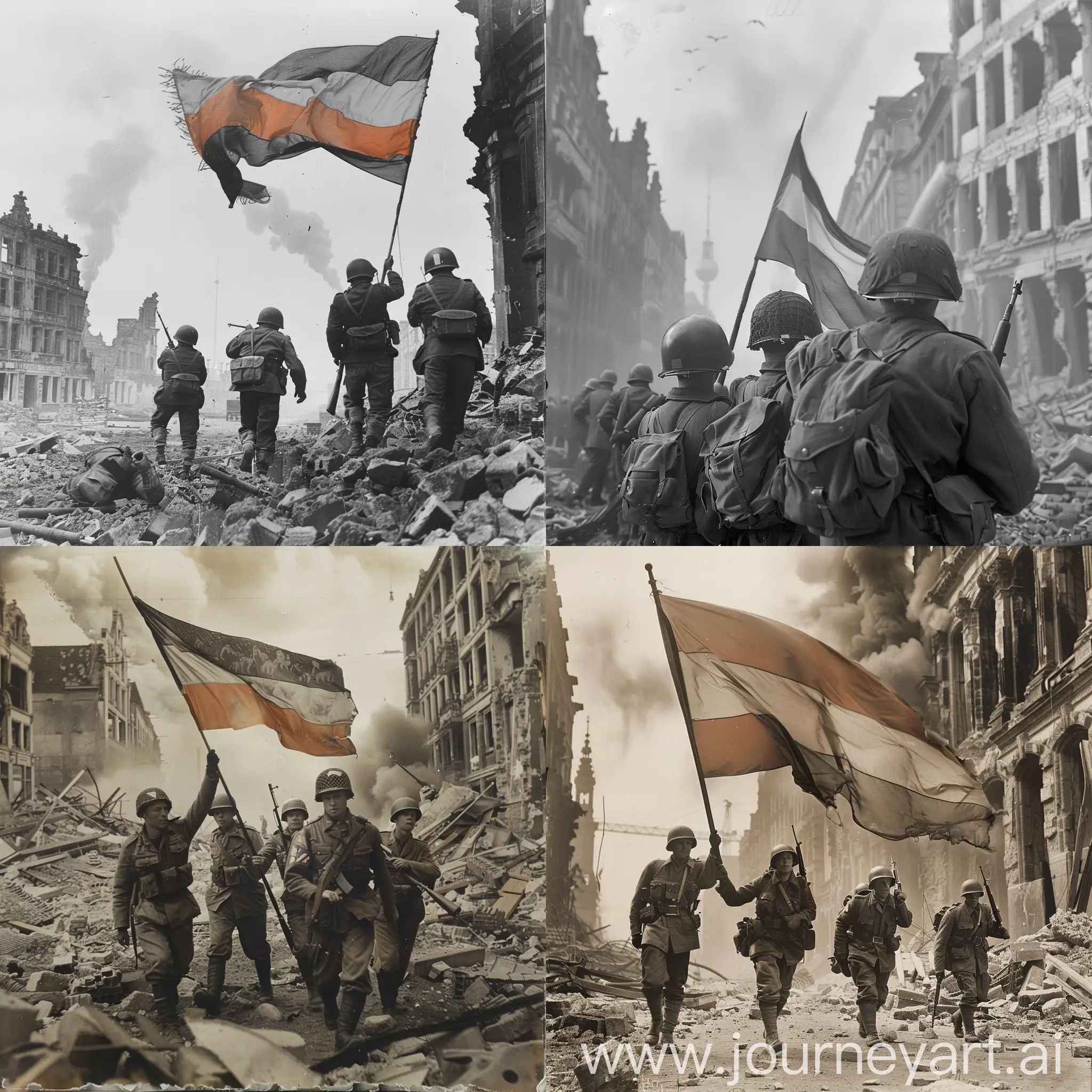 soldiers with the flag of the Netherlands in their hands storm Berlin during the Second World War